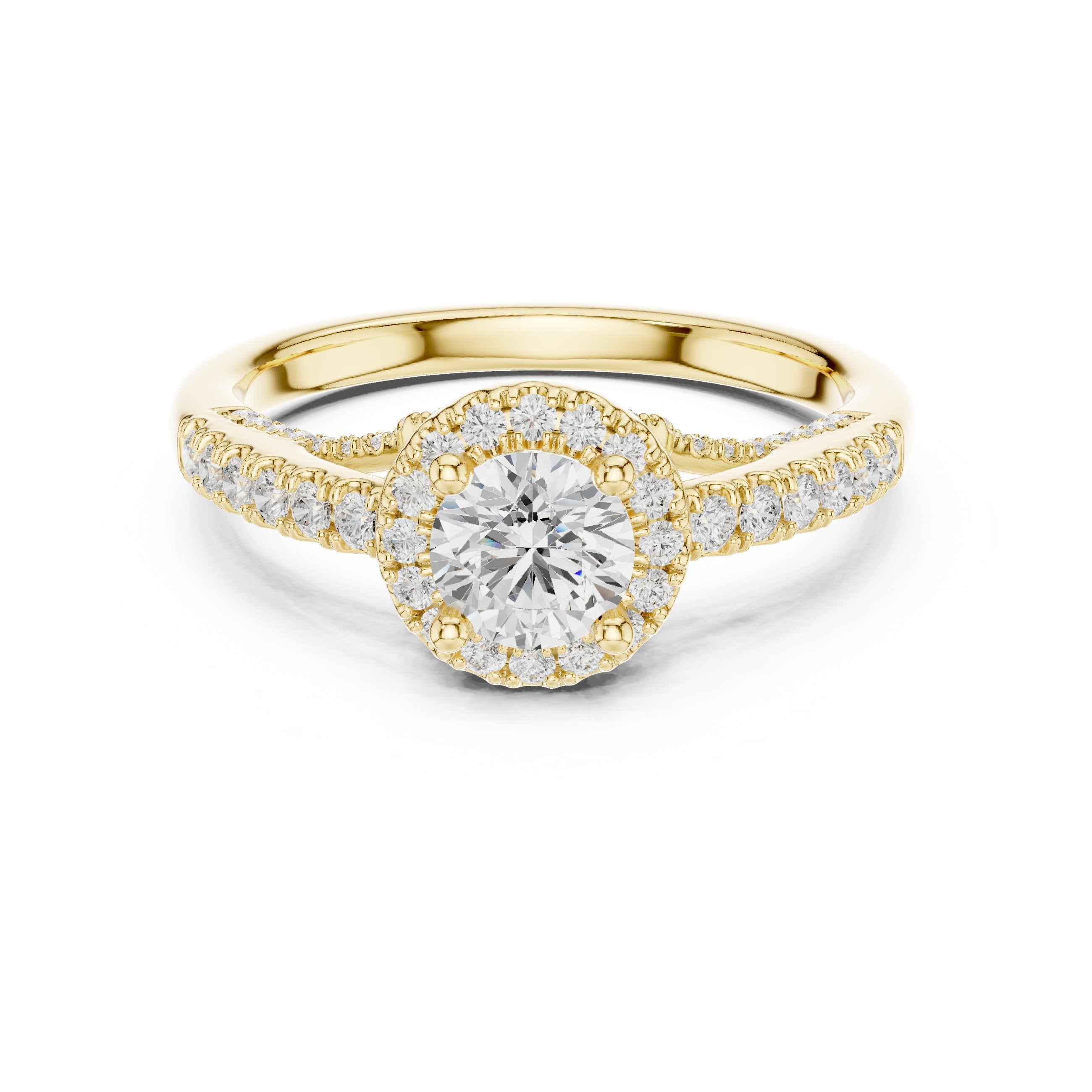 خاتم خطوبة ألماس مستدير بهالة وسوار بافيه عريض in Yellow Gold - VYKA Diamonds