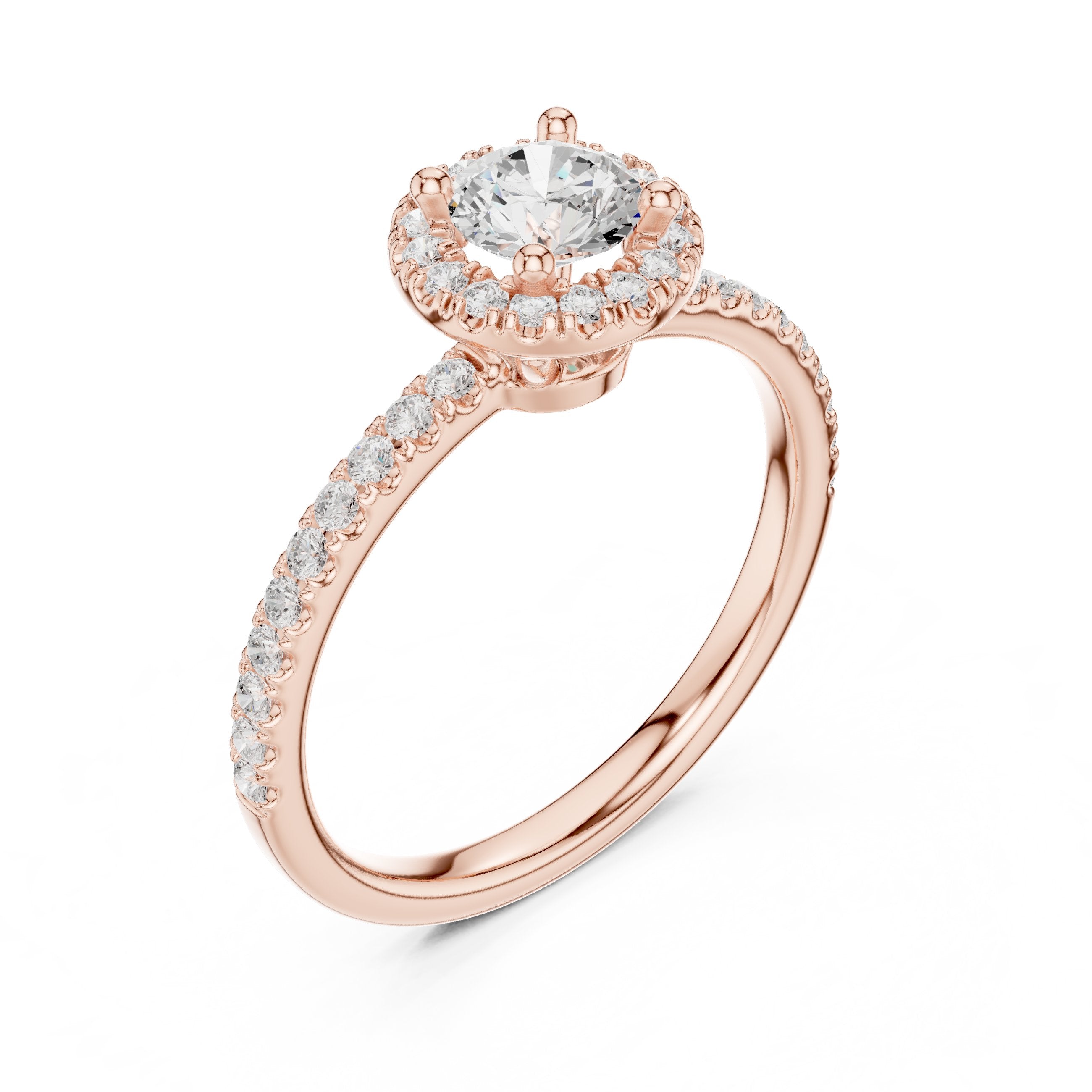 Round Diamond Halo Engagement Ring with Pavé Band in Rose Gold - VYKA Diamonds