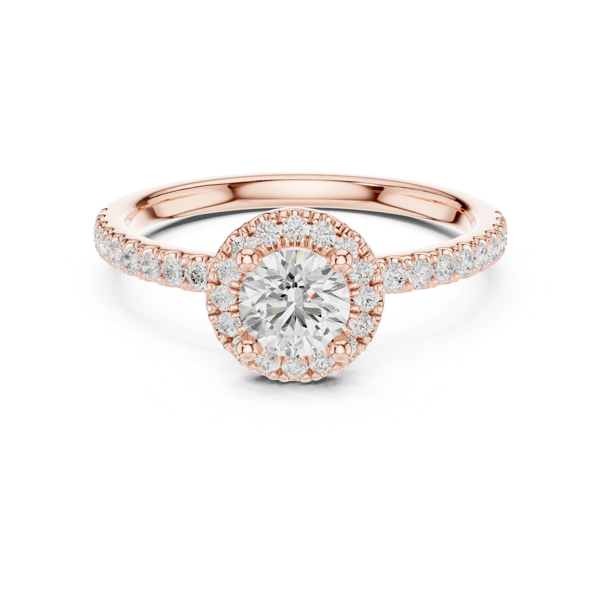 Round Diamond Halo Engagement Ring with Pavé Band
