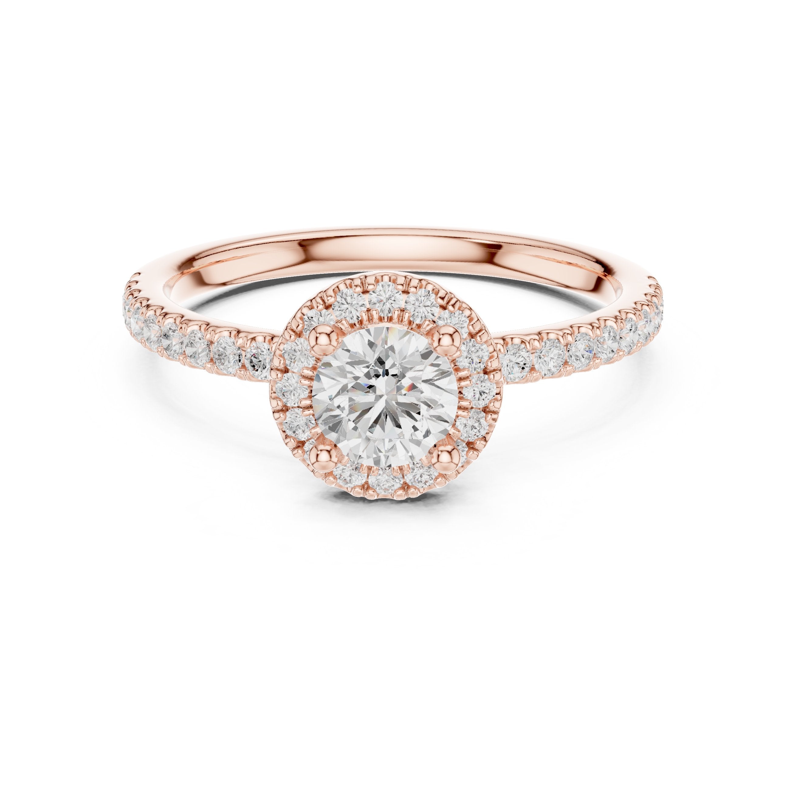 Round Diamond Halo Engagement Ring with Pavé Band in Rose Gold - VYKA Diamonds