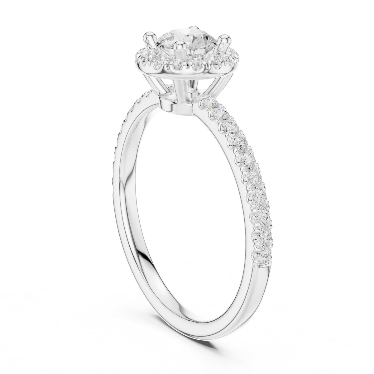 Round Diamond Halo Engagement Ring with Pavé Band