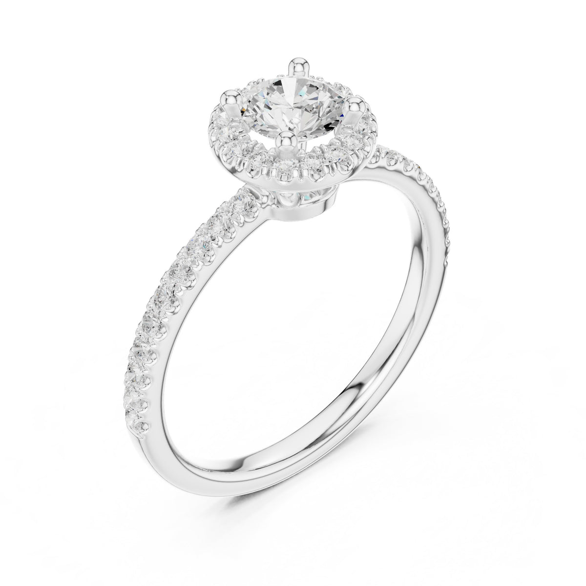 Round Diamond Halo Engagement Ring with Pavé Band