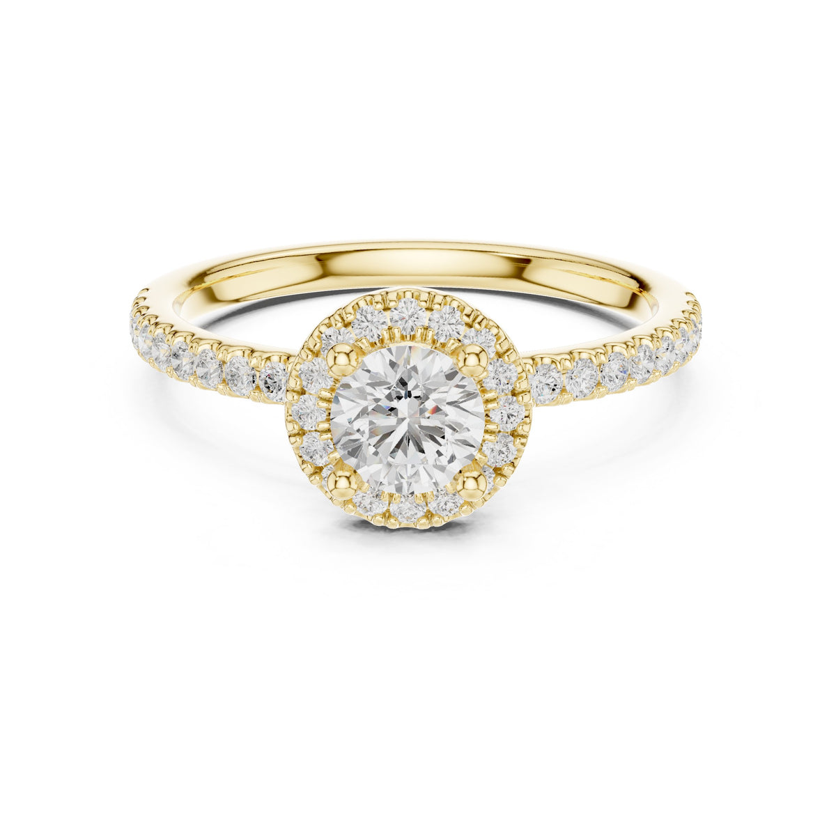 Round Diamond Halo Engagement Ring with Pavé Band