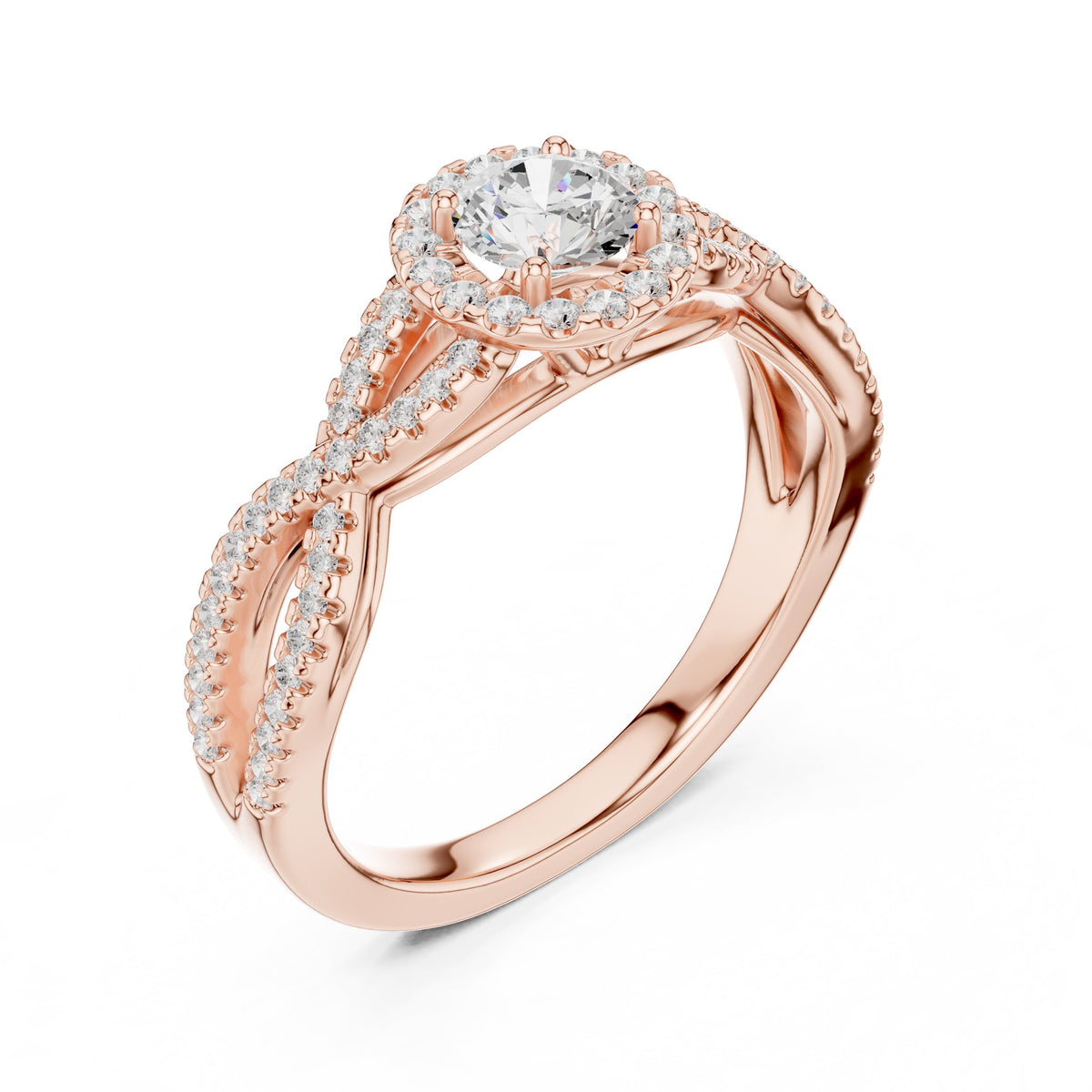 Round Diamond Halo Engagement Ring with Twisted Infinity Pavé Band