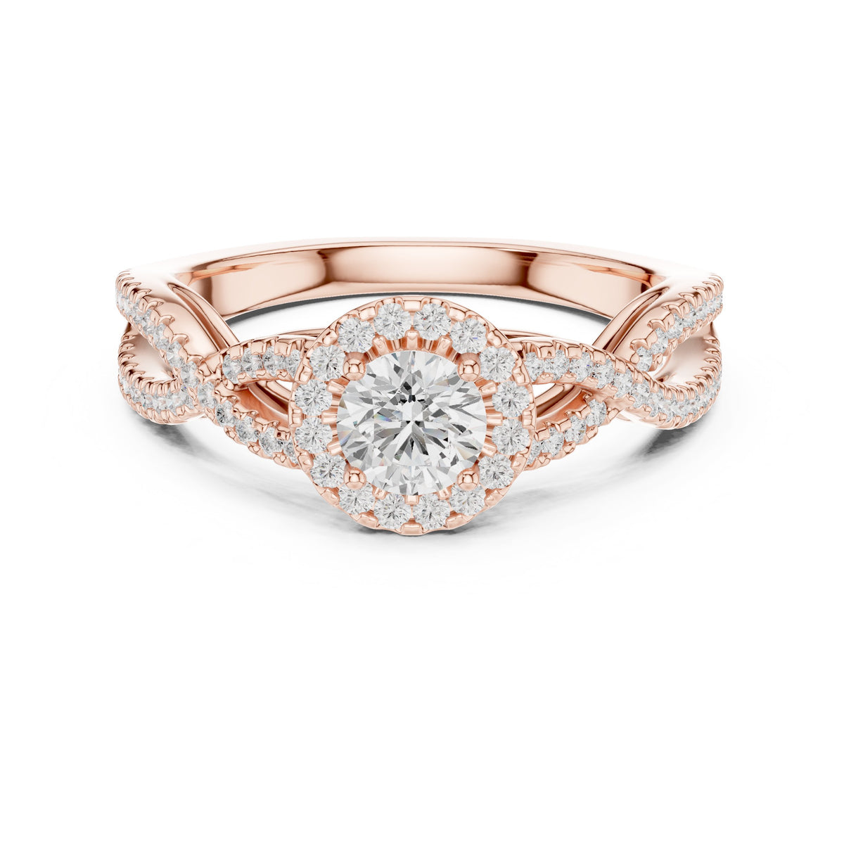 Round Diamond Halo Engagement Ring with Twisted Infinity Pavé Band