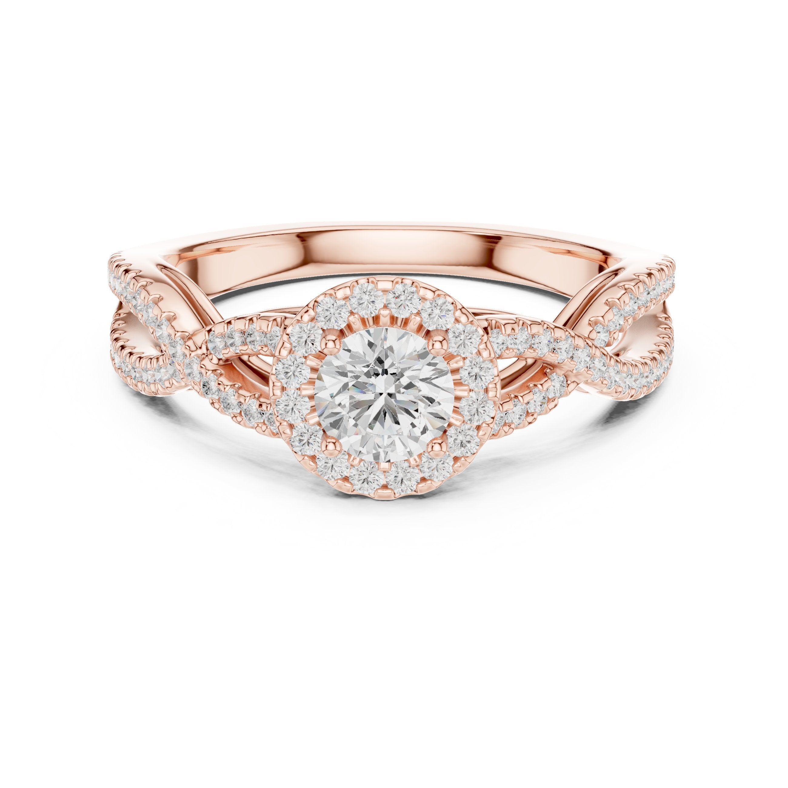 خاتم خطوبة ألماس مستدير بهالة وسوار إنفينيتي ملتوٍ بافيه in Rose Gold - VYKA Diamonds