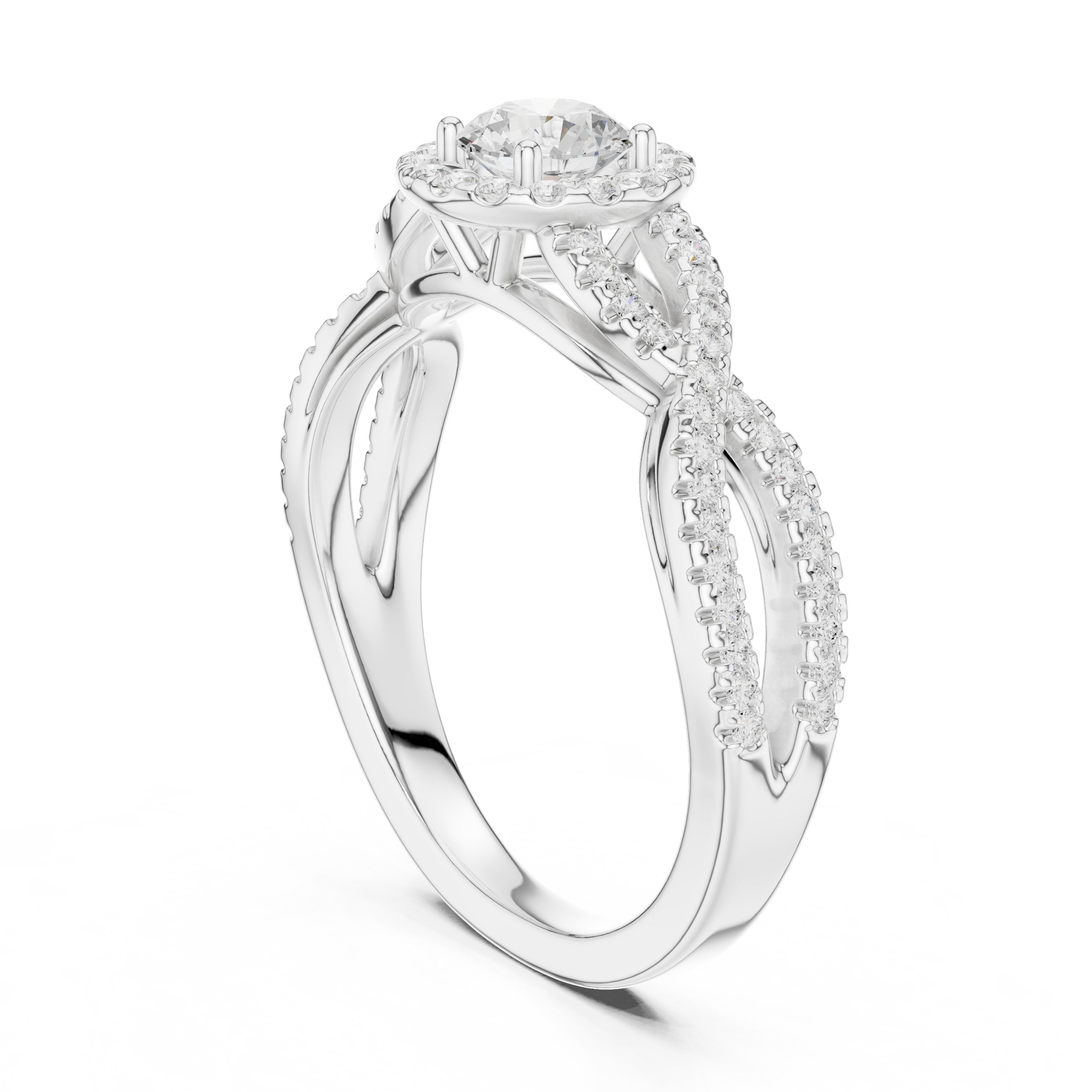 خاتم خطوبة ألماس مستدير بهالة وسوار إنفينيتي ملتوٍ بافيه in White Gold - VYKA Diamonds