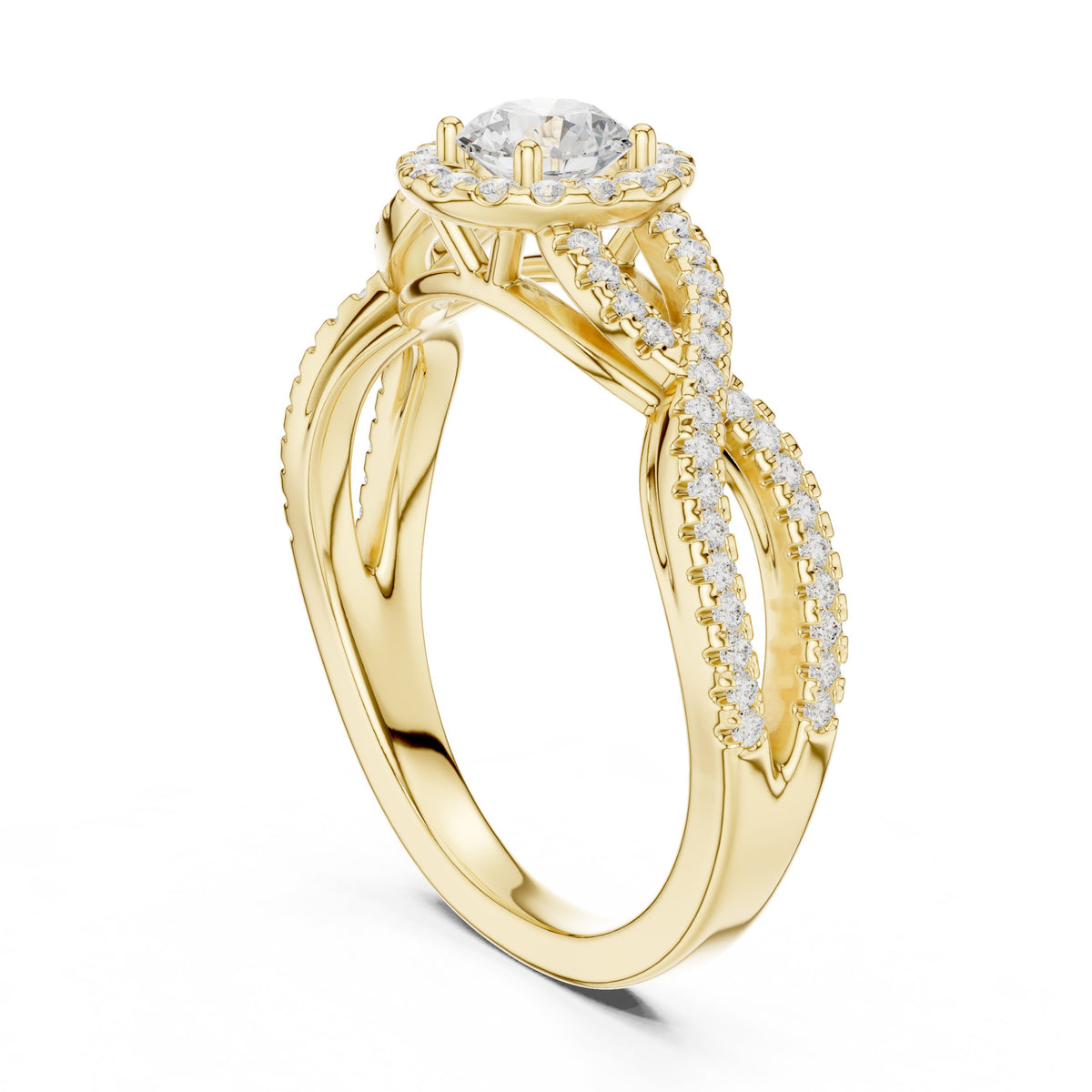 Round Diamond Halo Engagement Ring with Twisted Infinity Pavé Band