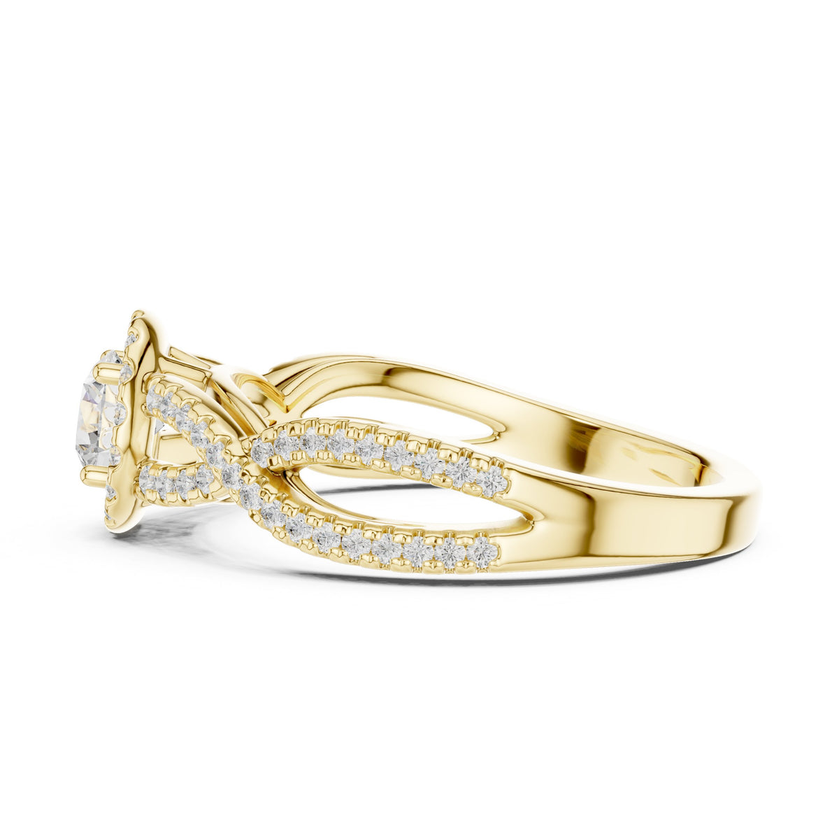 Round Diamond Halo Engagement Ring with Twisted Infinity Pavé Band