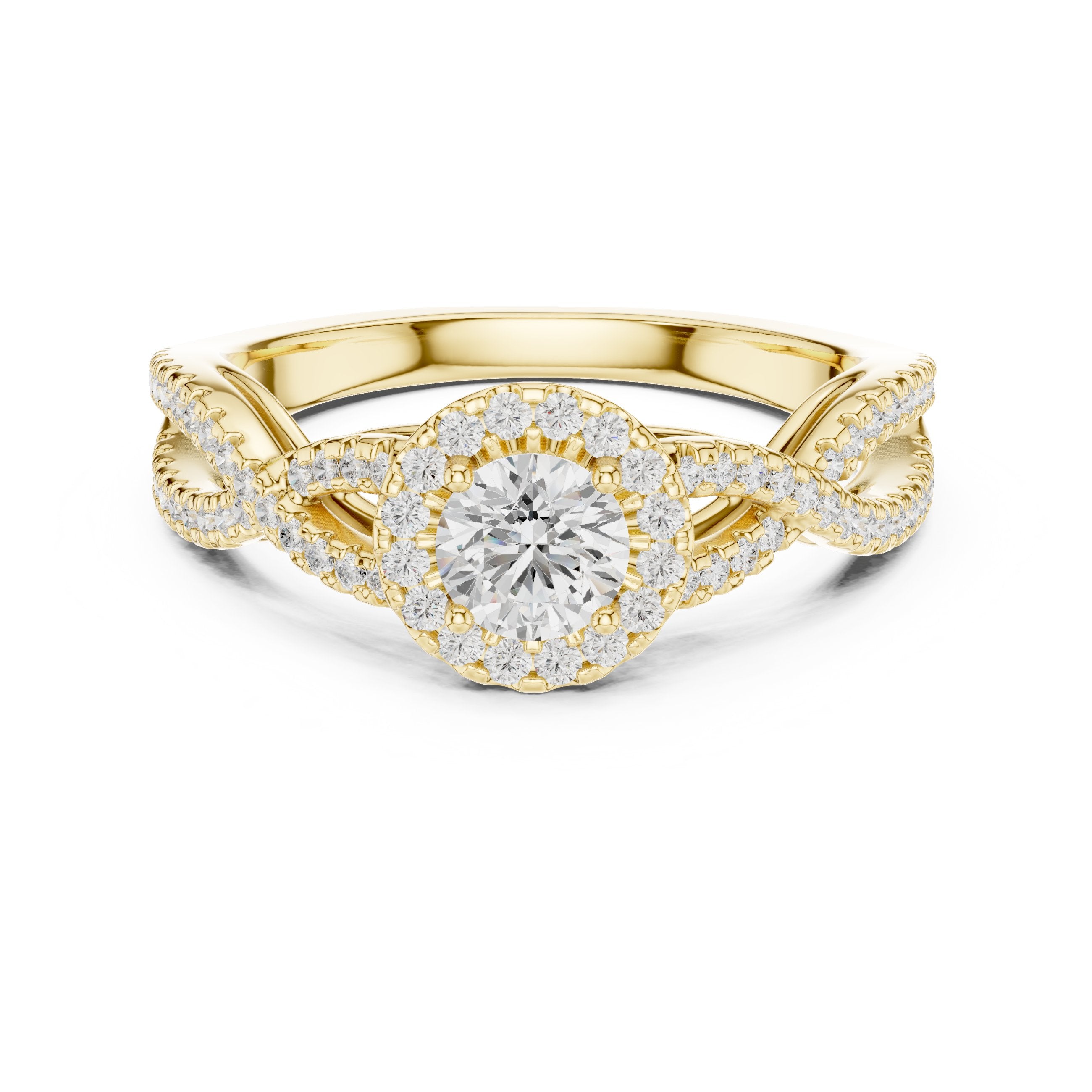 خاتم خطوبة ألماس مستدير بهالة وسوار إنفينيتي ملتوٍ بافيه in Yellow Gold - VYKA Diamonds