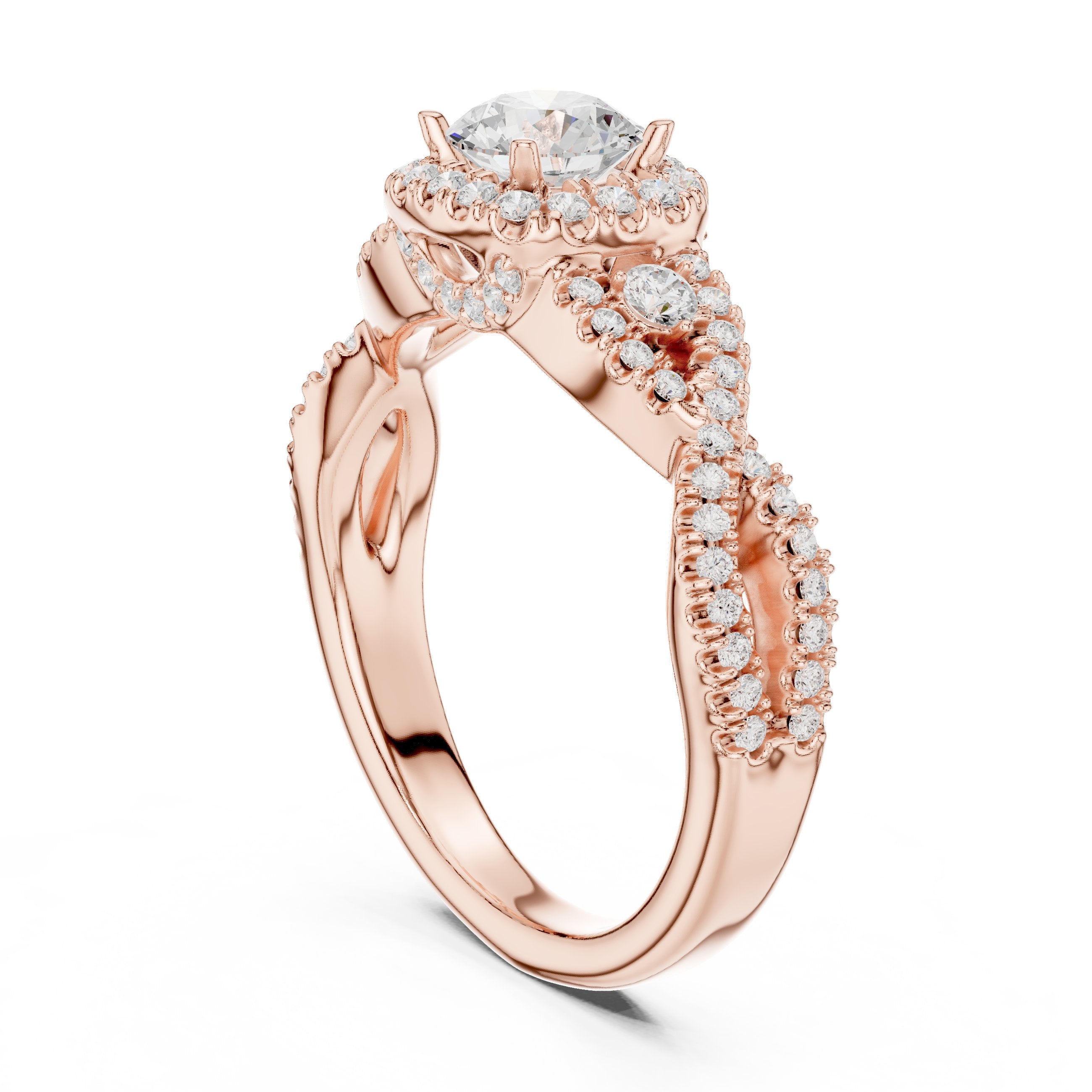 Round Diamond Halo Engagement Ring with Vintage Leaf Pavé Band in Rose Gold - VYKA Diamonds
