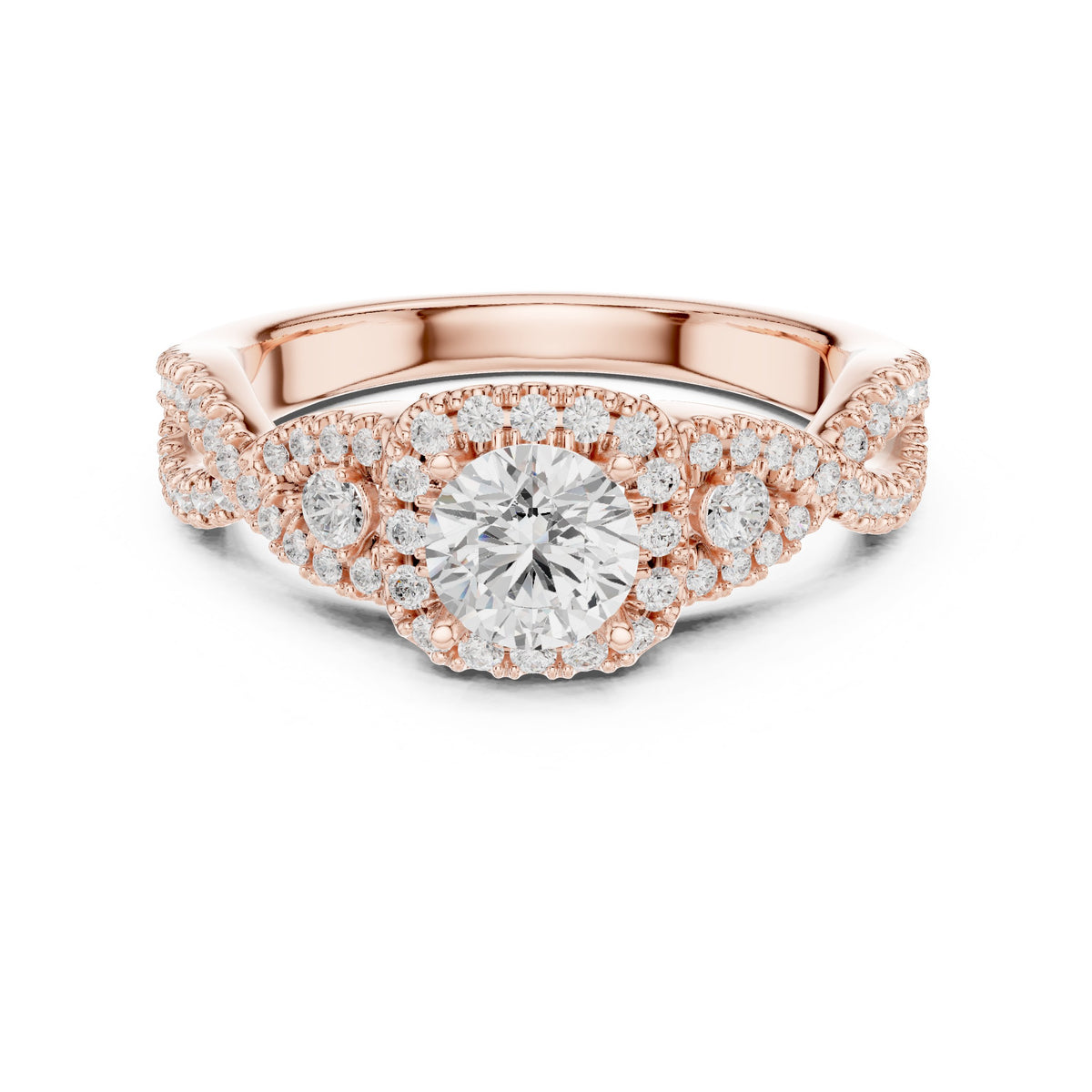 Round Diamond Halo Engagement Ring with Vintage Leaf Pavé Band