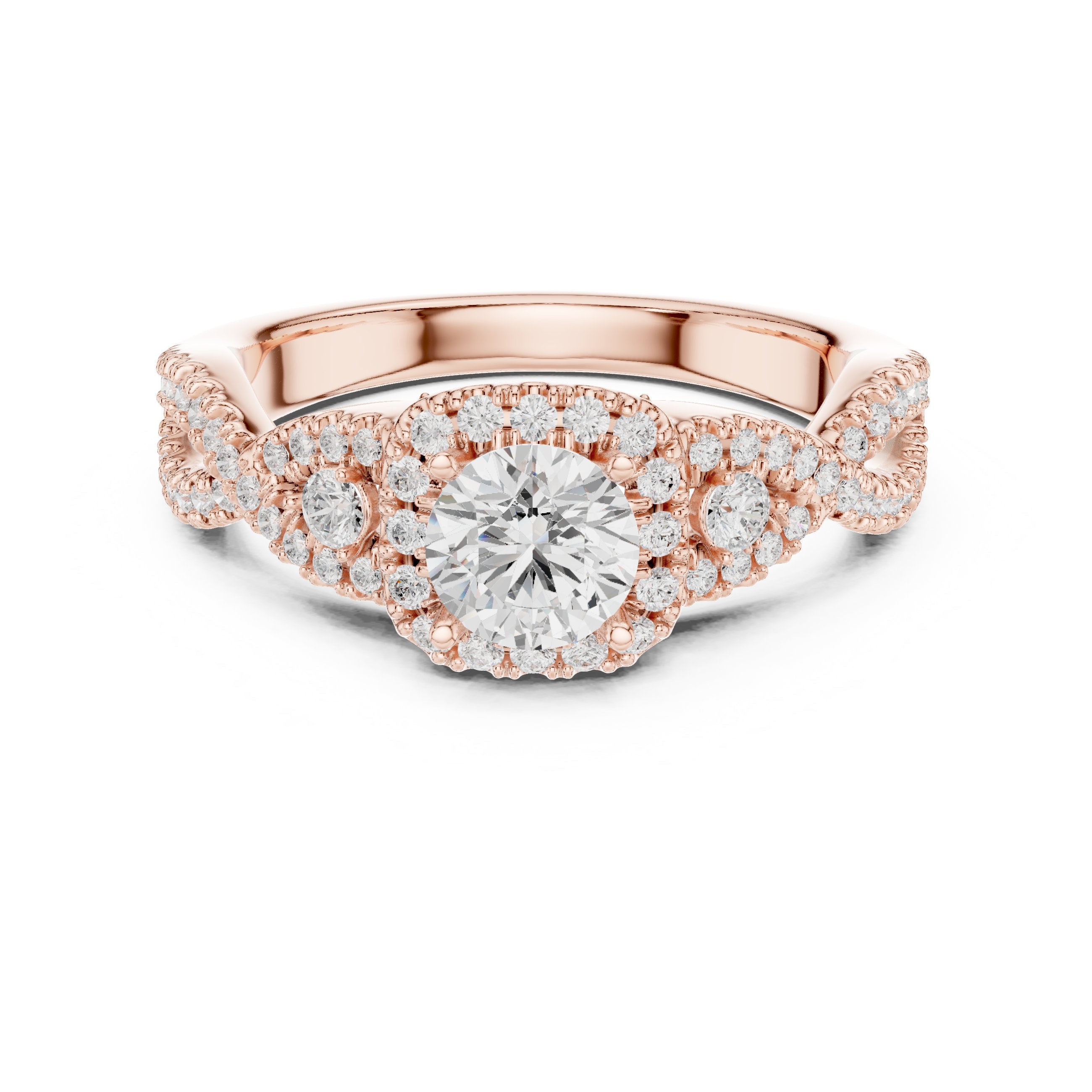 Round Diamond Halo Engagement Ring with Vintage Leaf Pavé Band in Rose Gold - VYKA Diamonds