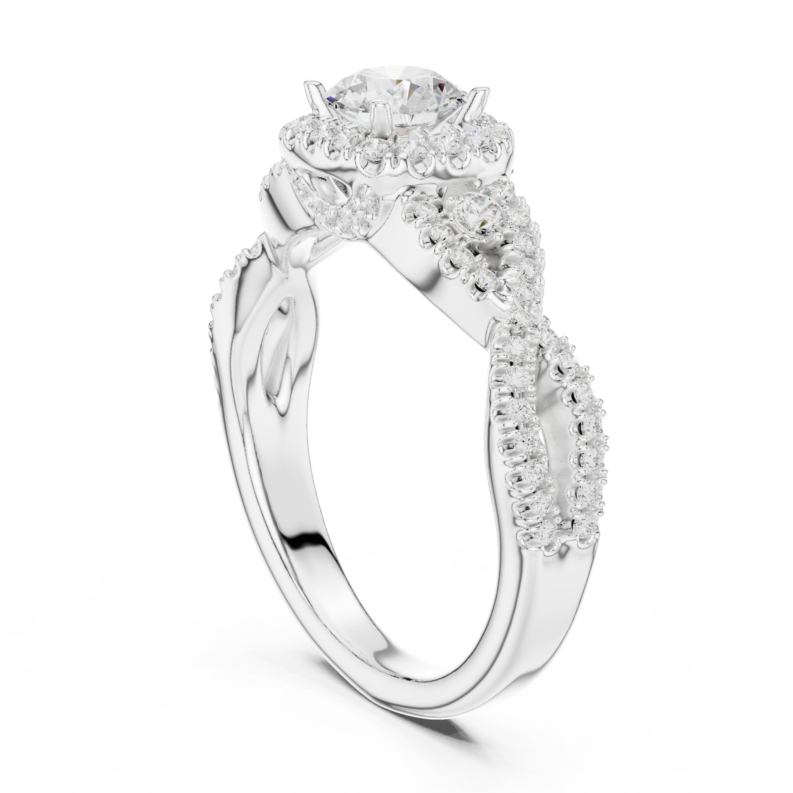Round Diamond Halo Engagement Ring with Vintage Leaf Pavé Band in White Gold - VYKA Diamonds