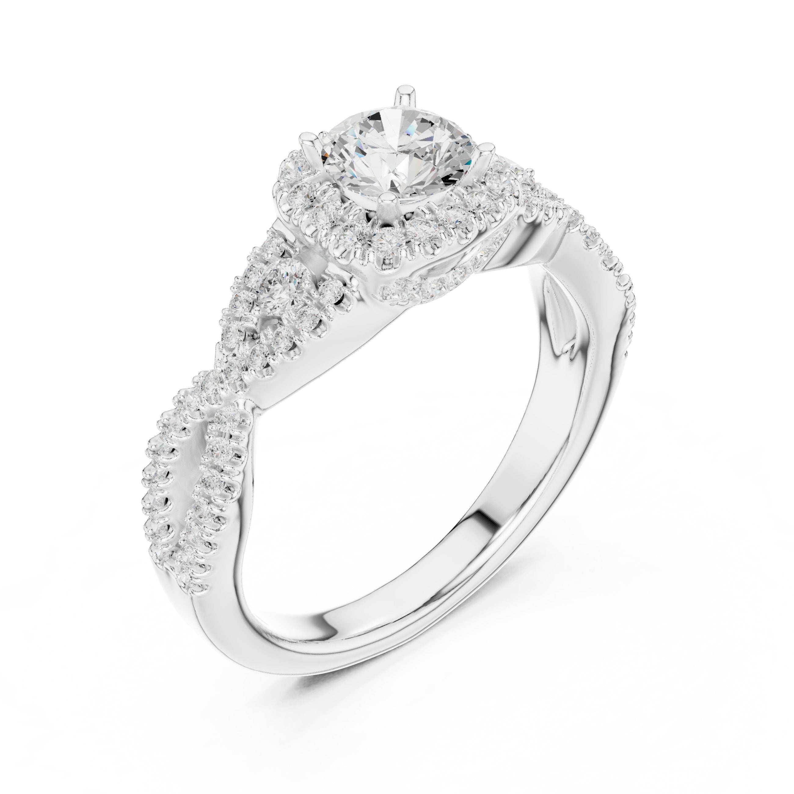 Round Diamond Halo Engagement Ring with Vintage Leaf Pavé Band in White Gold - VYKA Diamonds