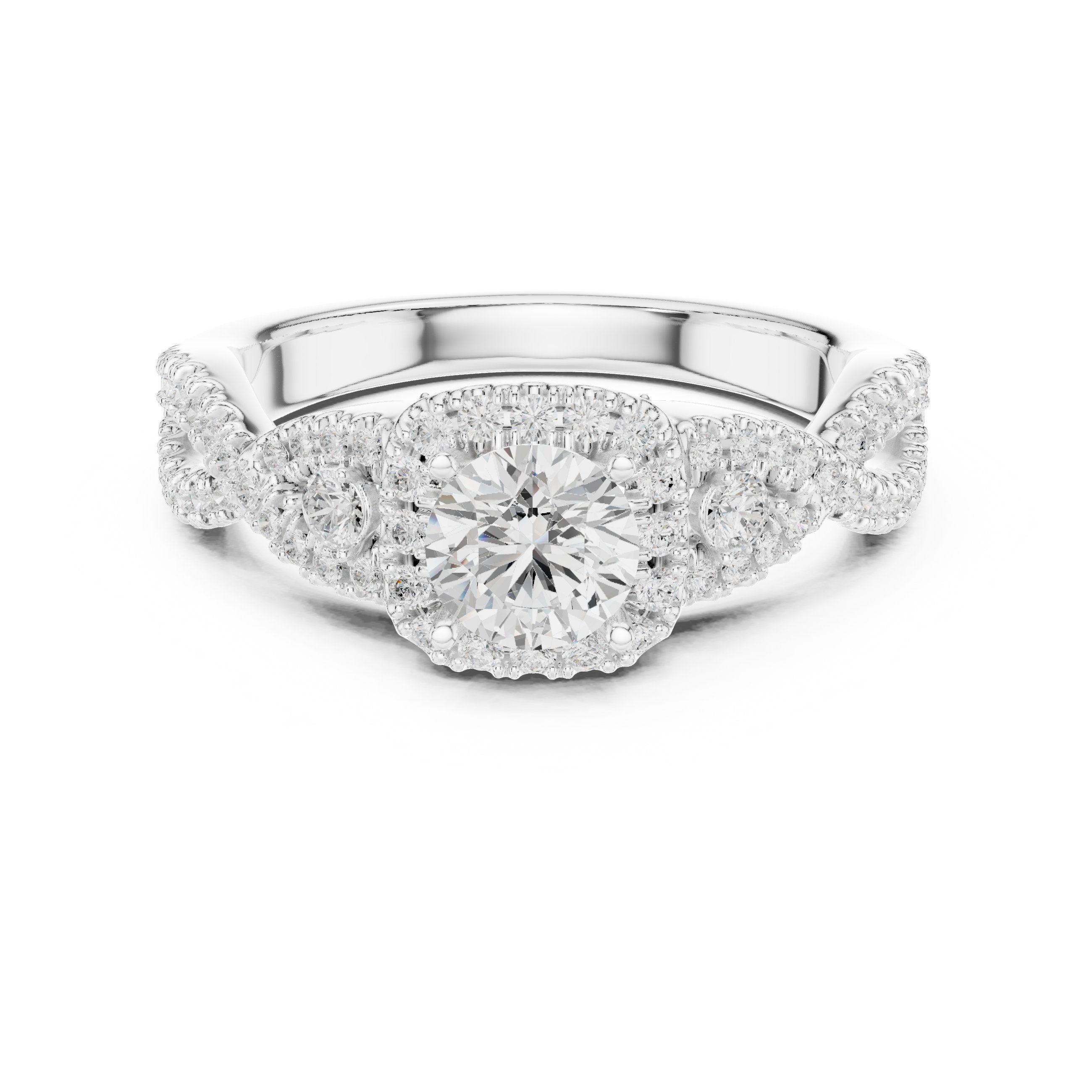 Round Diamond Halo Engagement Ring with Vintage Leaf Pavé Band in White Gold - VYKA Diamonds