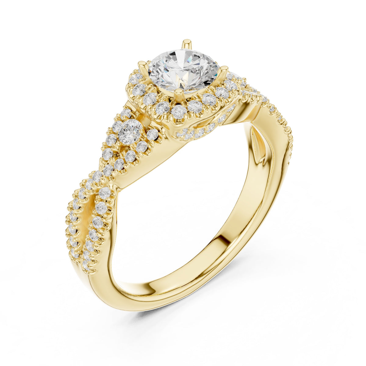 Round Diamond Halo Engagement Ring with Vintage Leaf Pavé Band
