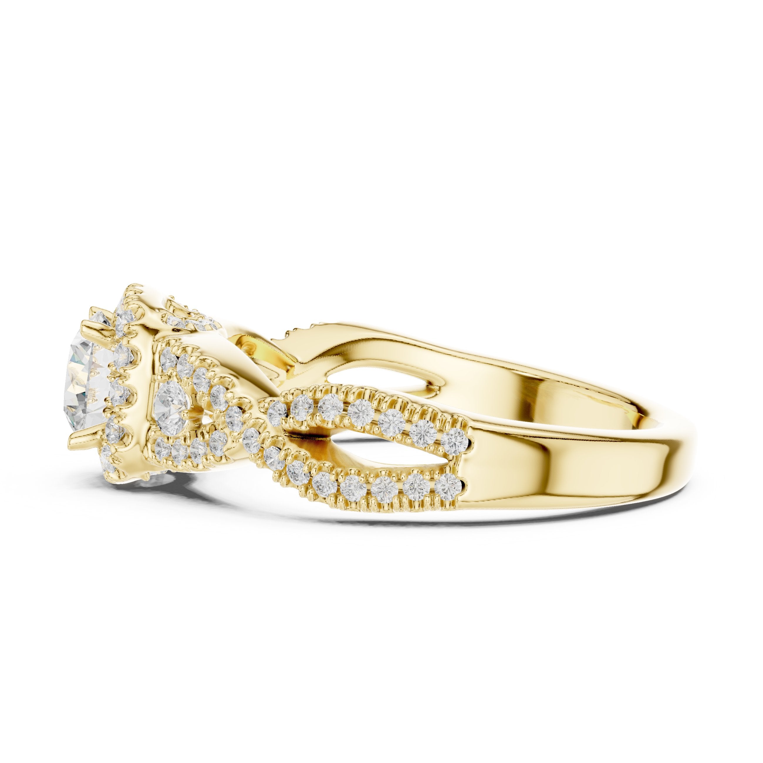 Round Diamond Halo Engagement Ring with Vintage Leaf Pavé Band in Yellow Gold - VYKA Diamonds