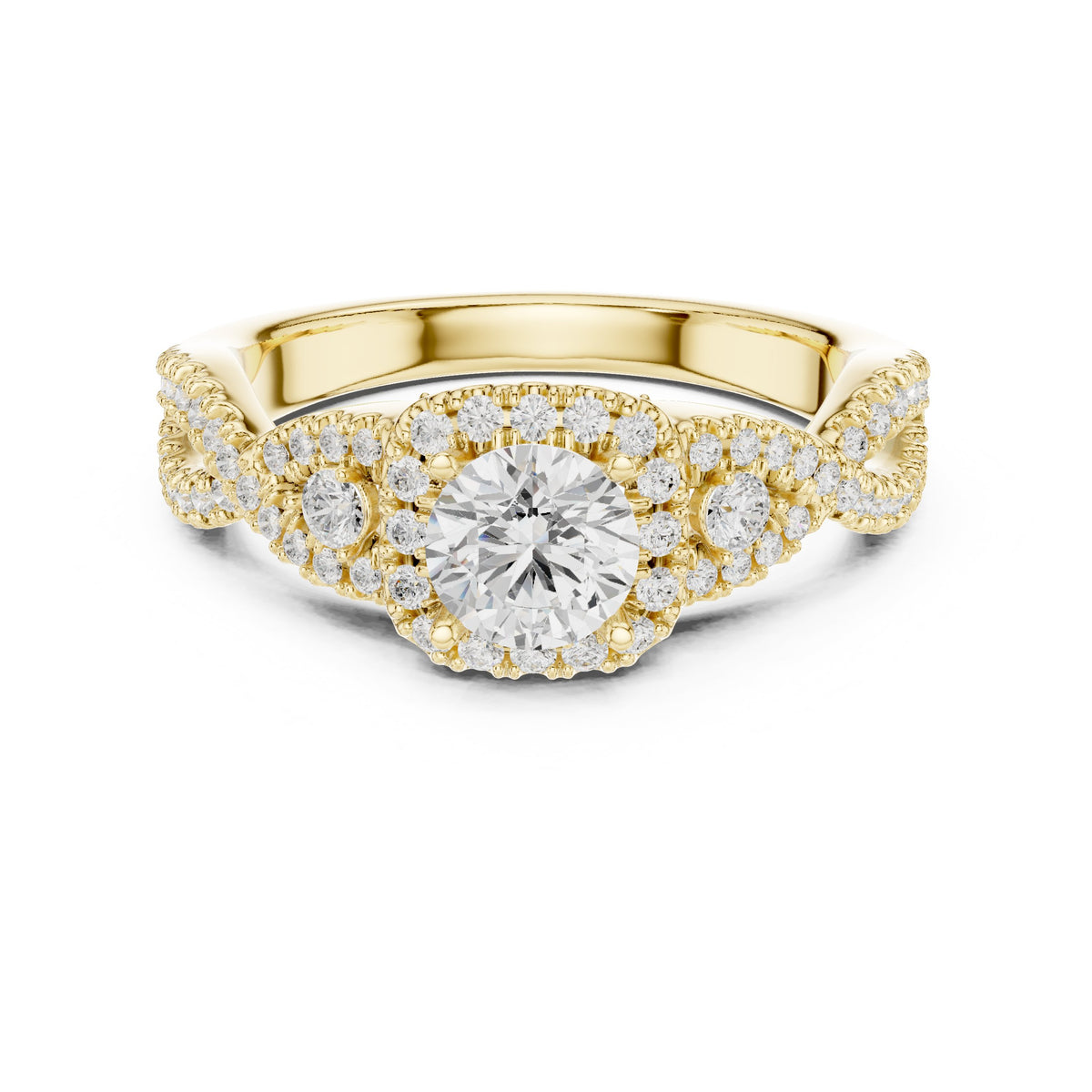 Round Diamond Halo Engagement Ring with Vintage Leaf Pavé Band