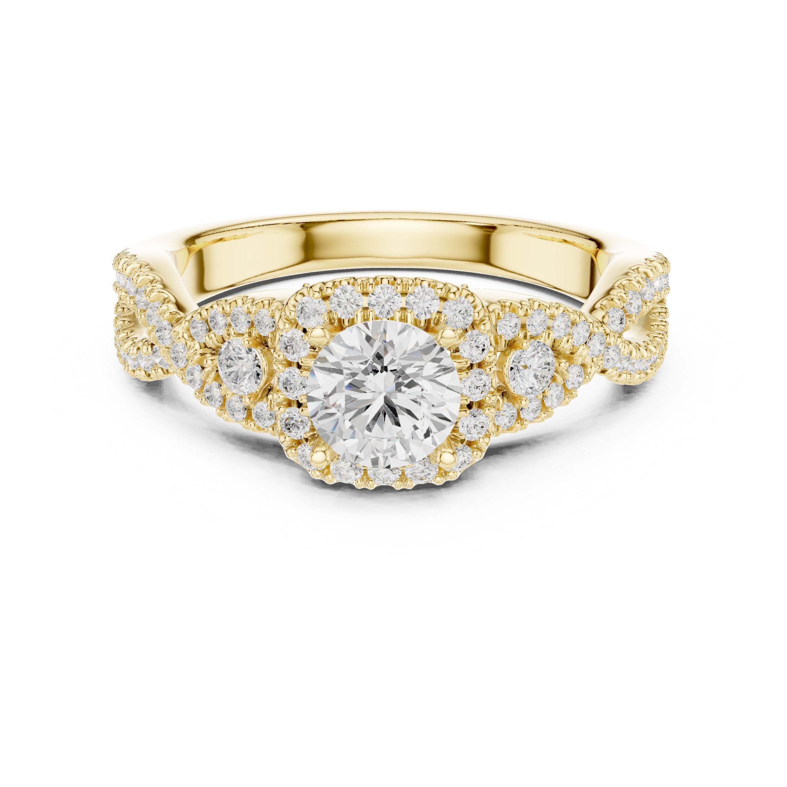 Round Diamond Halo Engagement Ring with Vintage Leaf Pavé Band in Yellow Gold - VYKA Diamonds