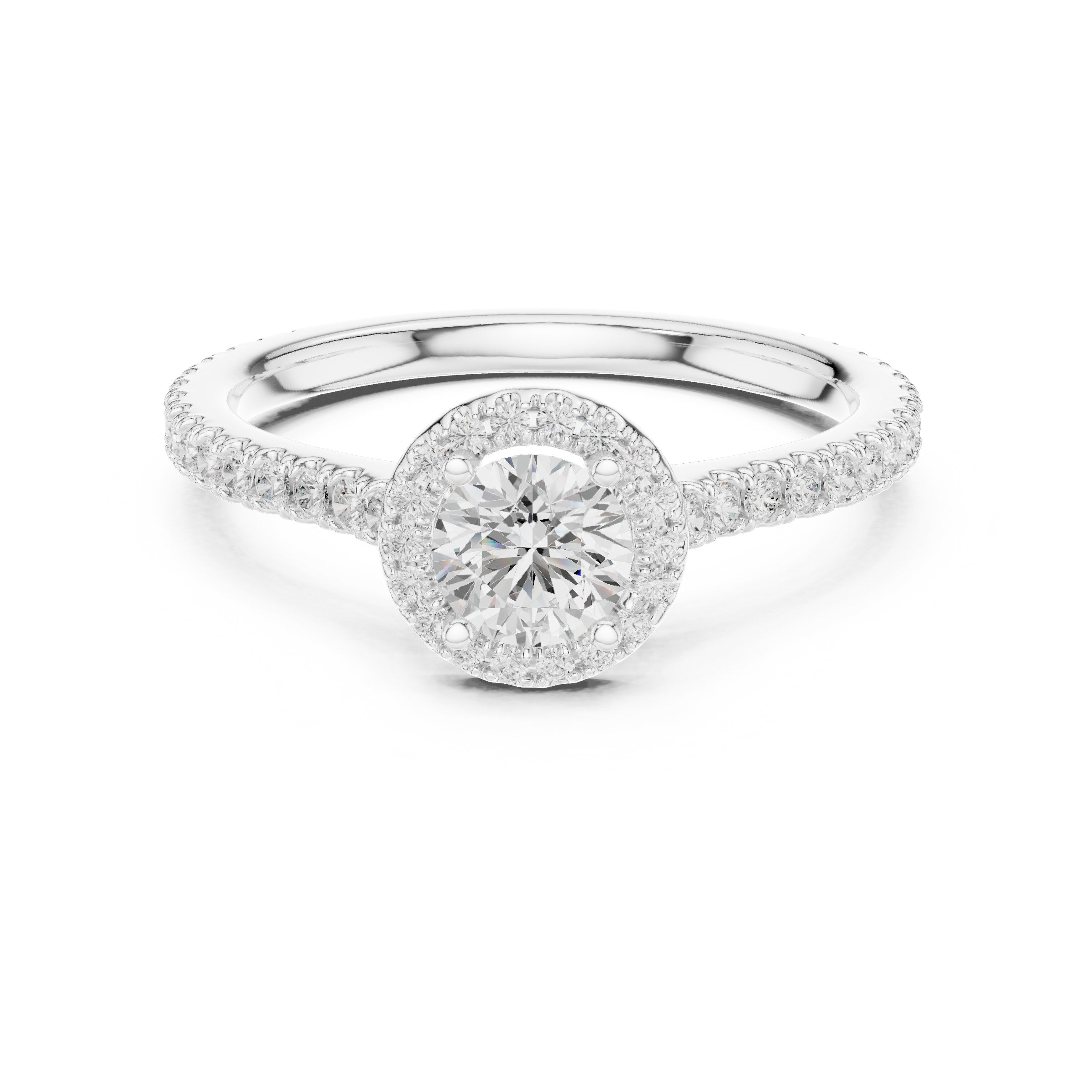Round Diamond Halo Engagement Ring with Full Pavé Eternity Shank in White Gold - VYKA Diamonds