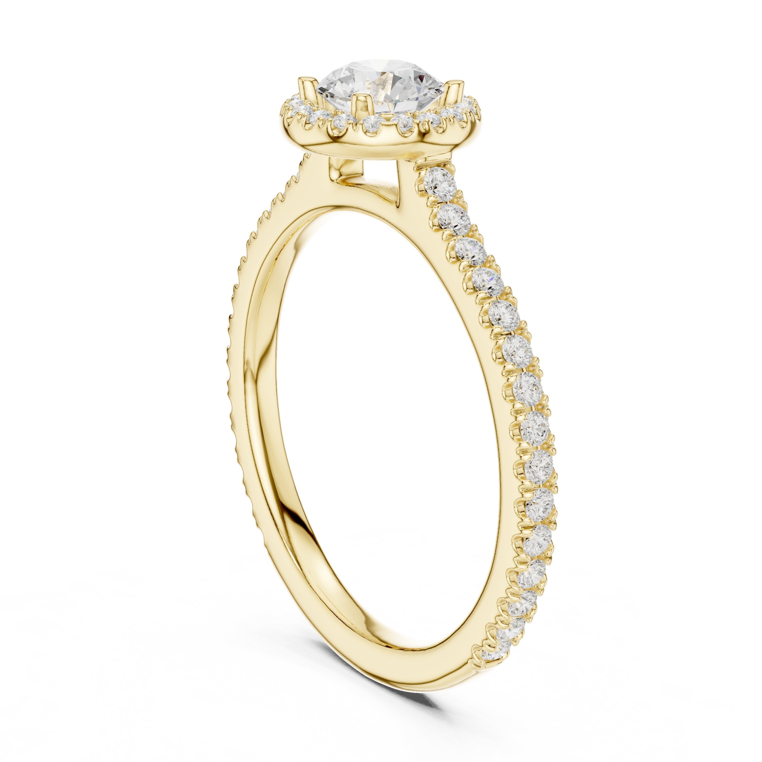 Round Diamond Halo Engagement Ring with Full Pavé Eternity Shank in Yellow Gold - VYKA Diamonds