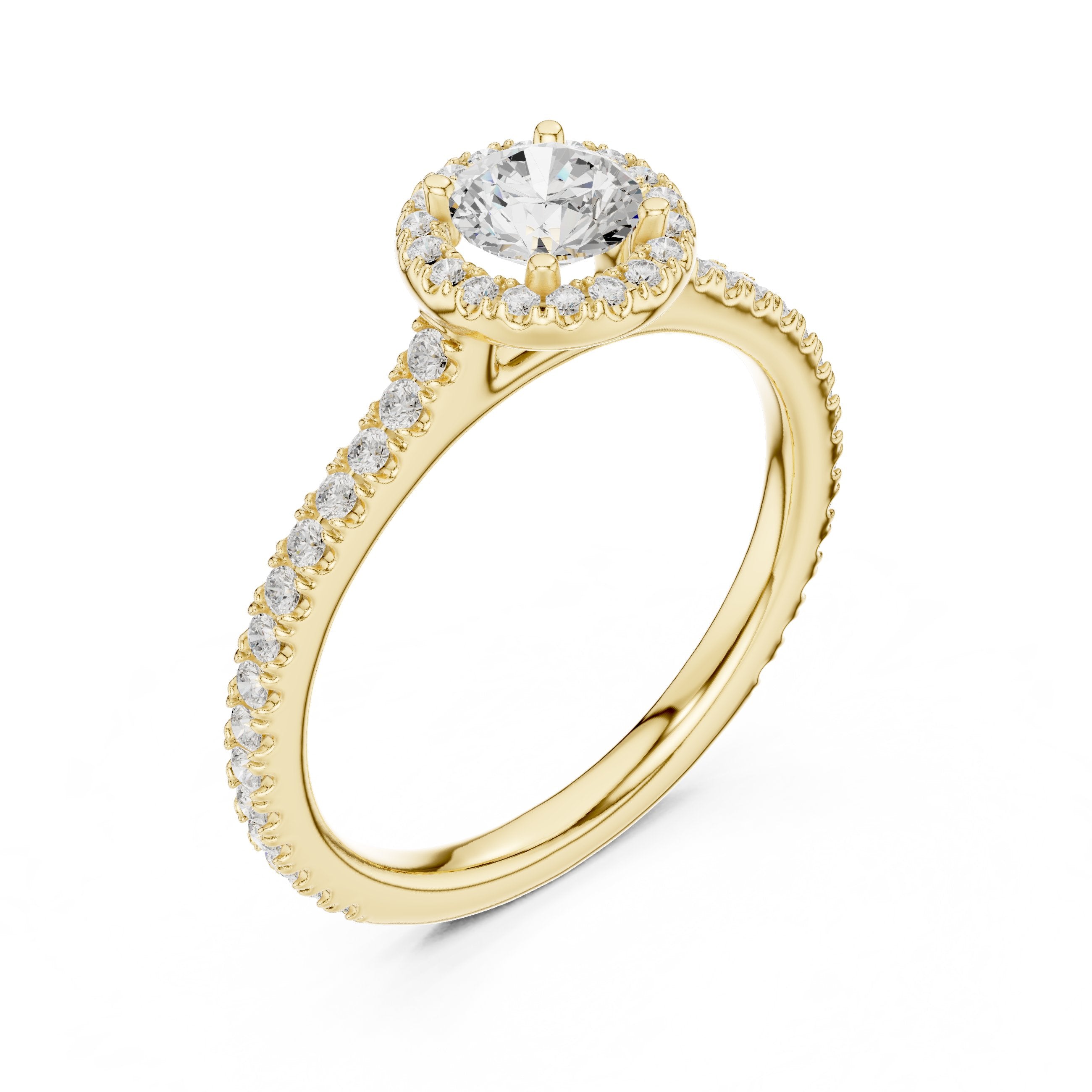 Round Diamond Halo Engagement Ring with Full Pavé Eternity Shank in Yellow Gold - VYKA Diamonds