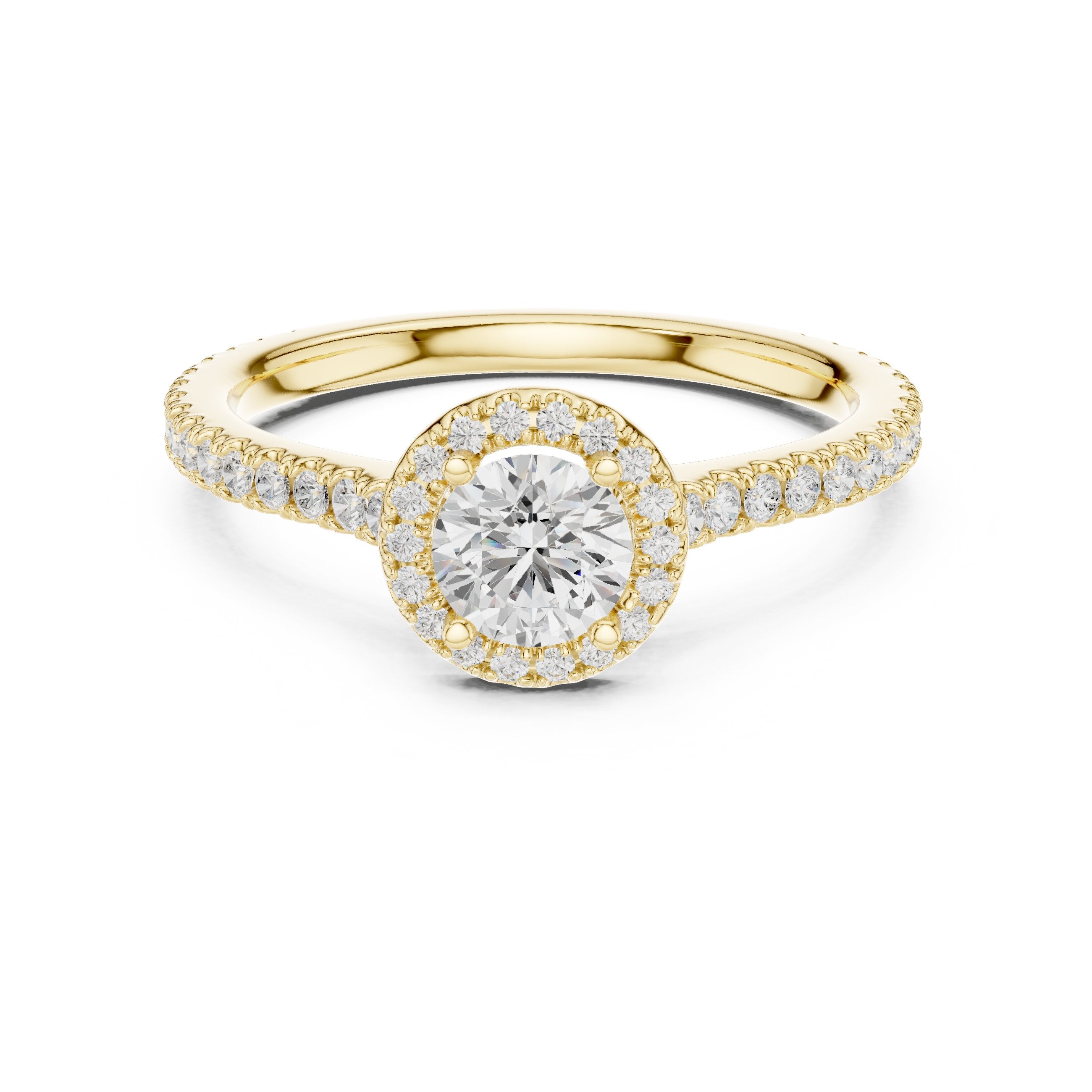 Round Diamond Halo Engagement Ring with Full Pavé Eternity Shank in Yellow Gold - VYKA Diamonds