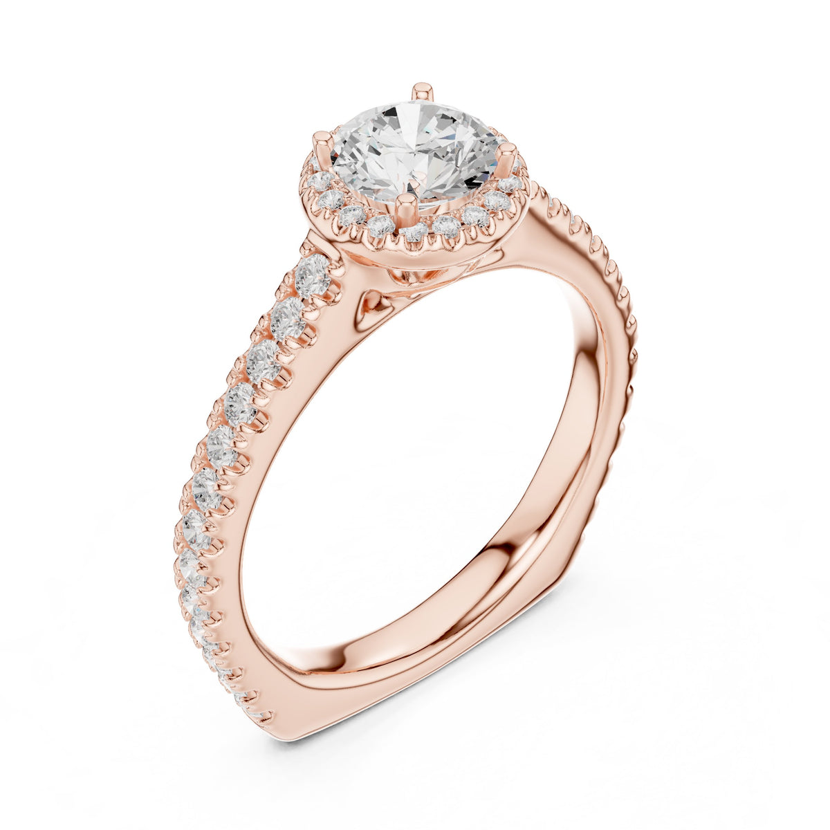 Round Diamond Halo Engagement Ring with Pavé Band