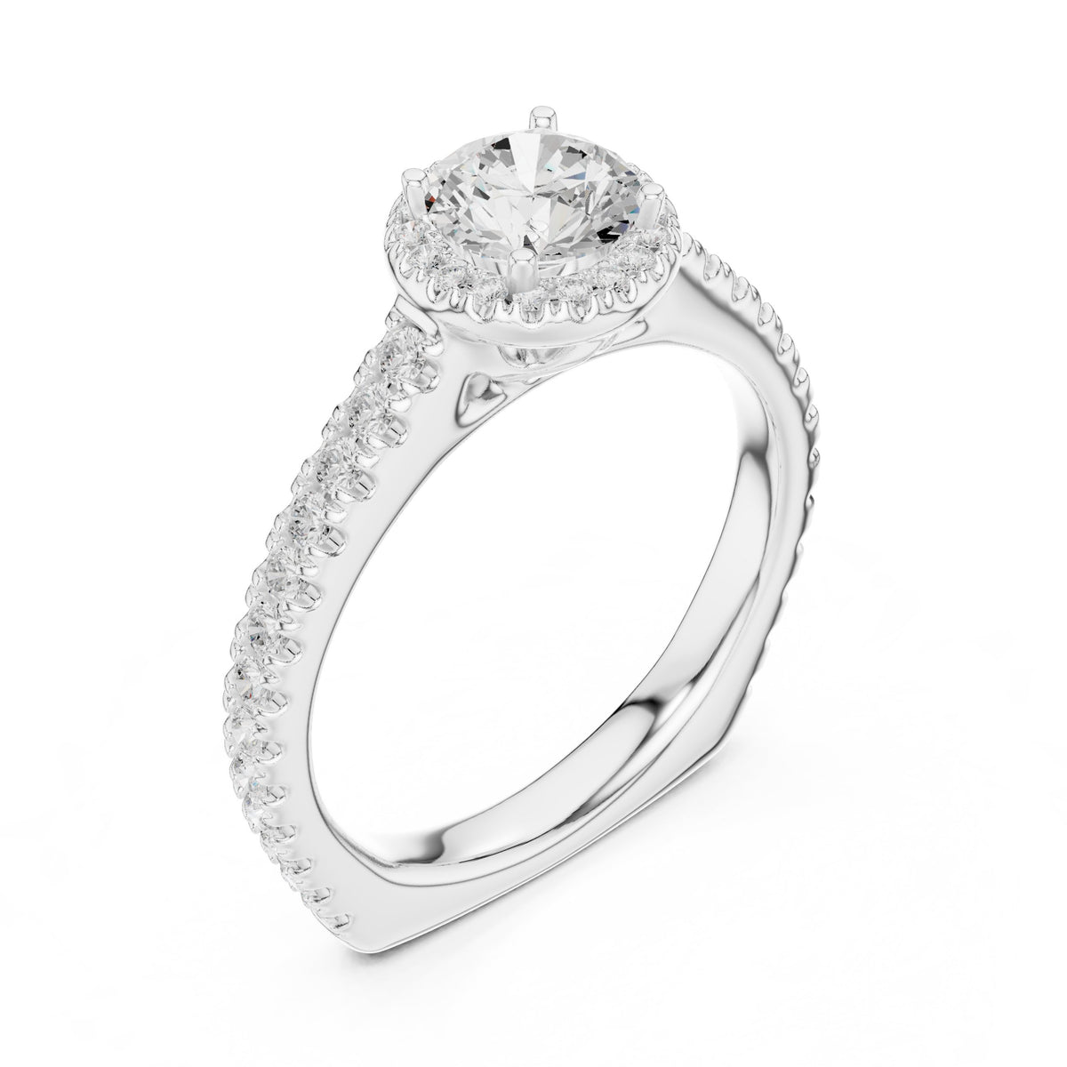 Round Diamond Halo Engagement Ring with Pavé Band