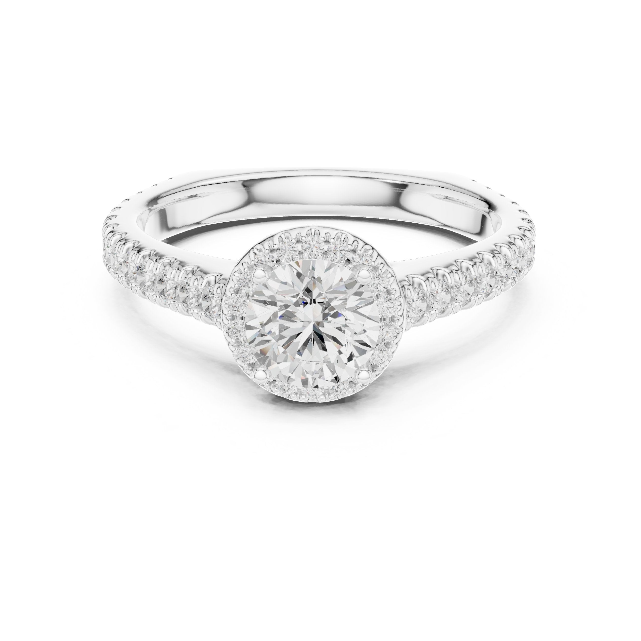 Round Diamond Halo Engagement Ring with Pavé Band in White Gold - VYKA Diamonds