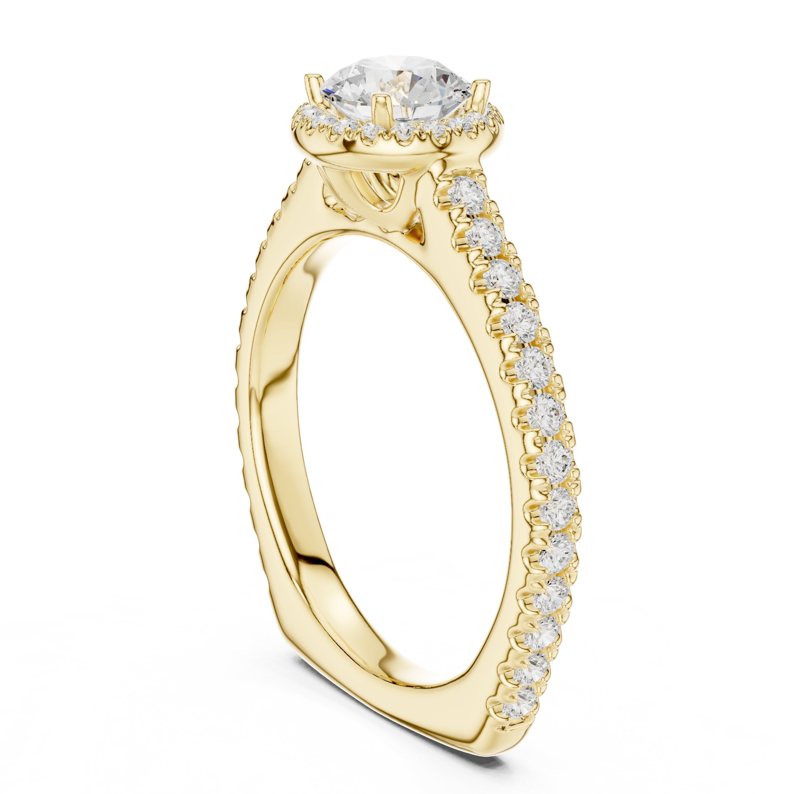 Round Diamond Halo Engagement Ring with Pavé Band in Yellow Gold - VYKA Diamonds