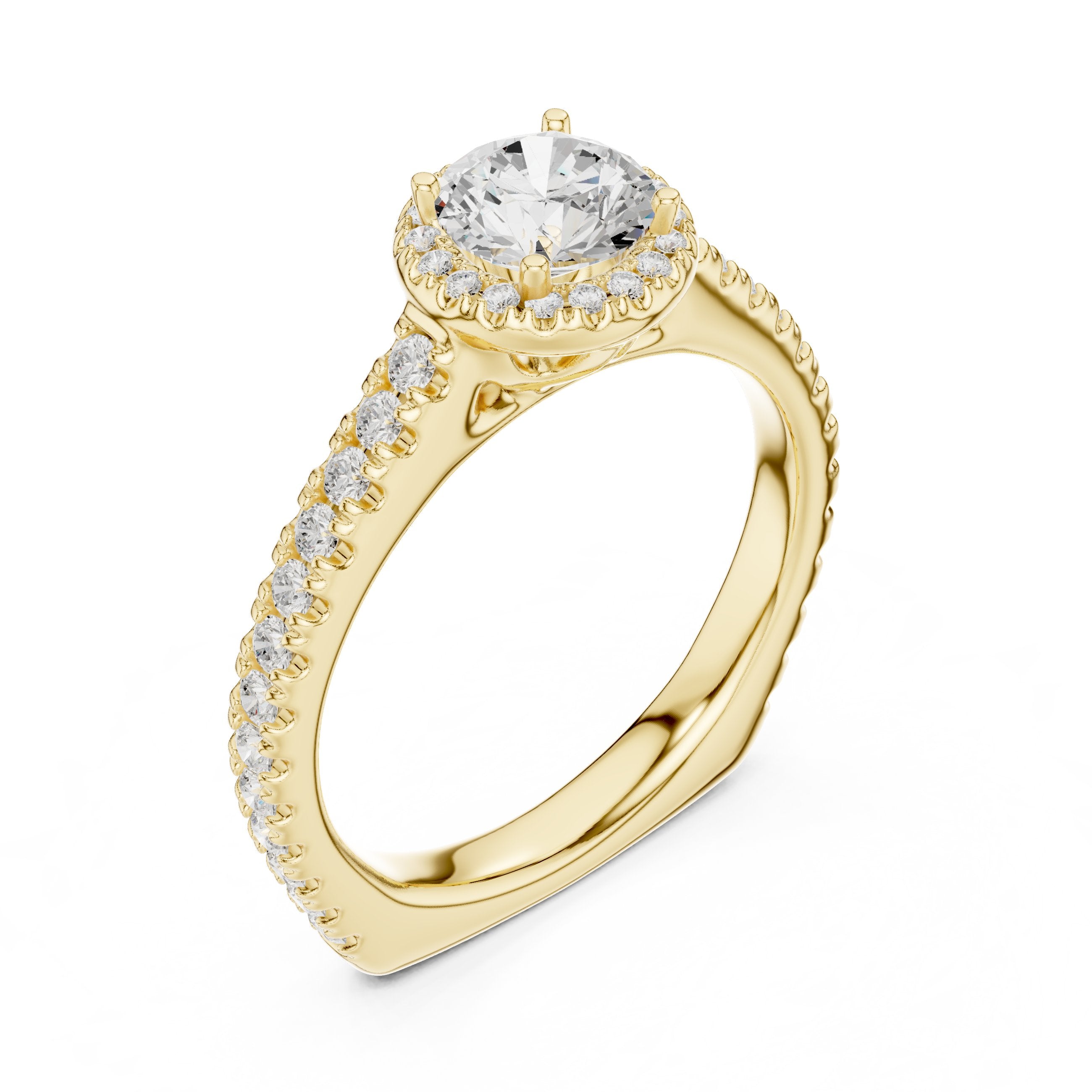 Round Diamond Halo Engagement Ring with Pavé Band in Yellow Gold - VYKA Diamonds