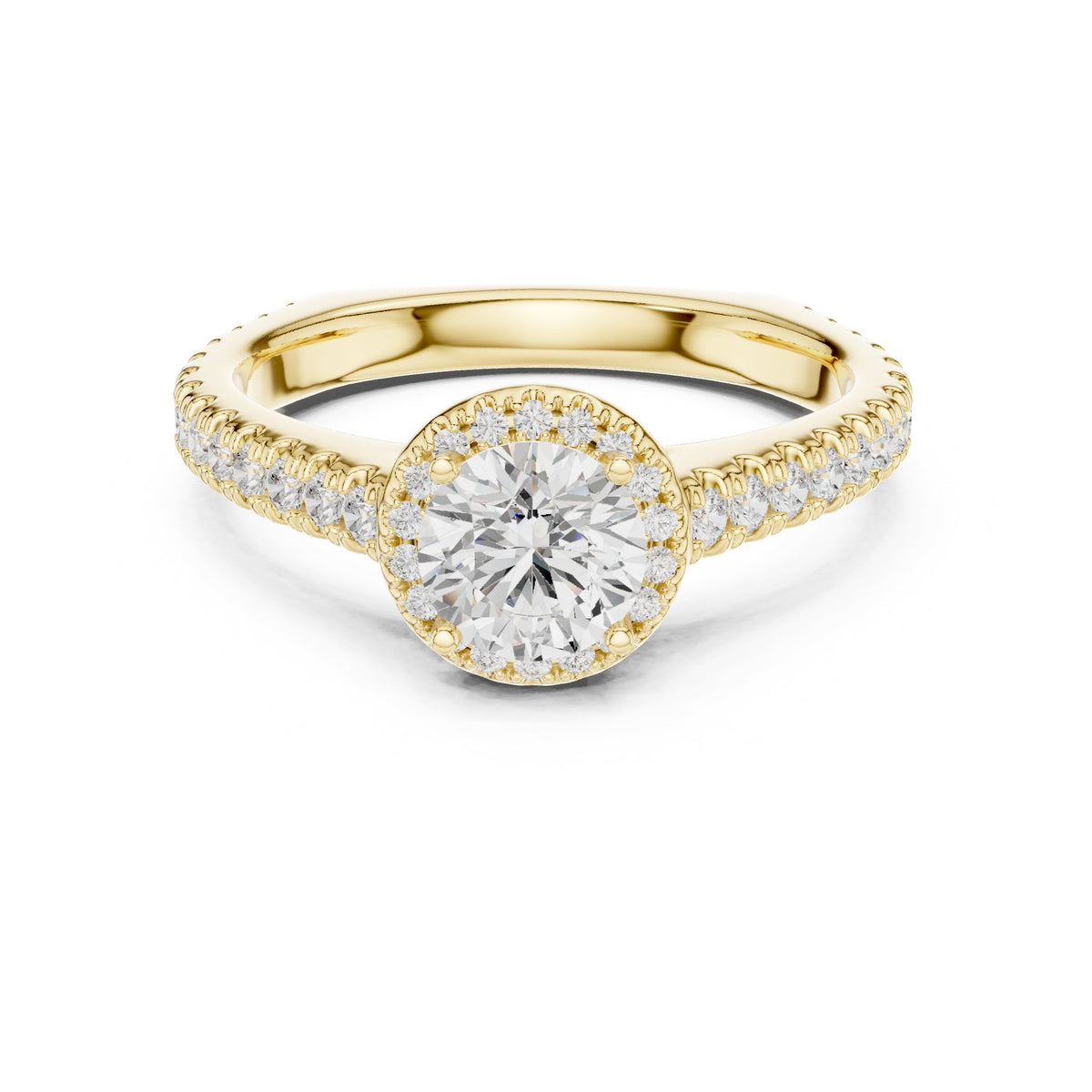 Round Diamond Halo Engagement Ring with Pavé Band