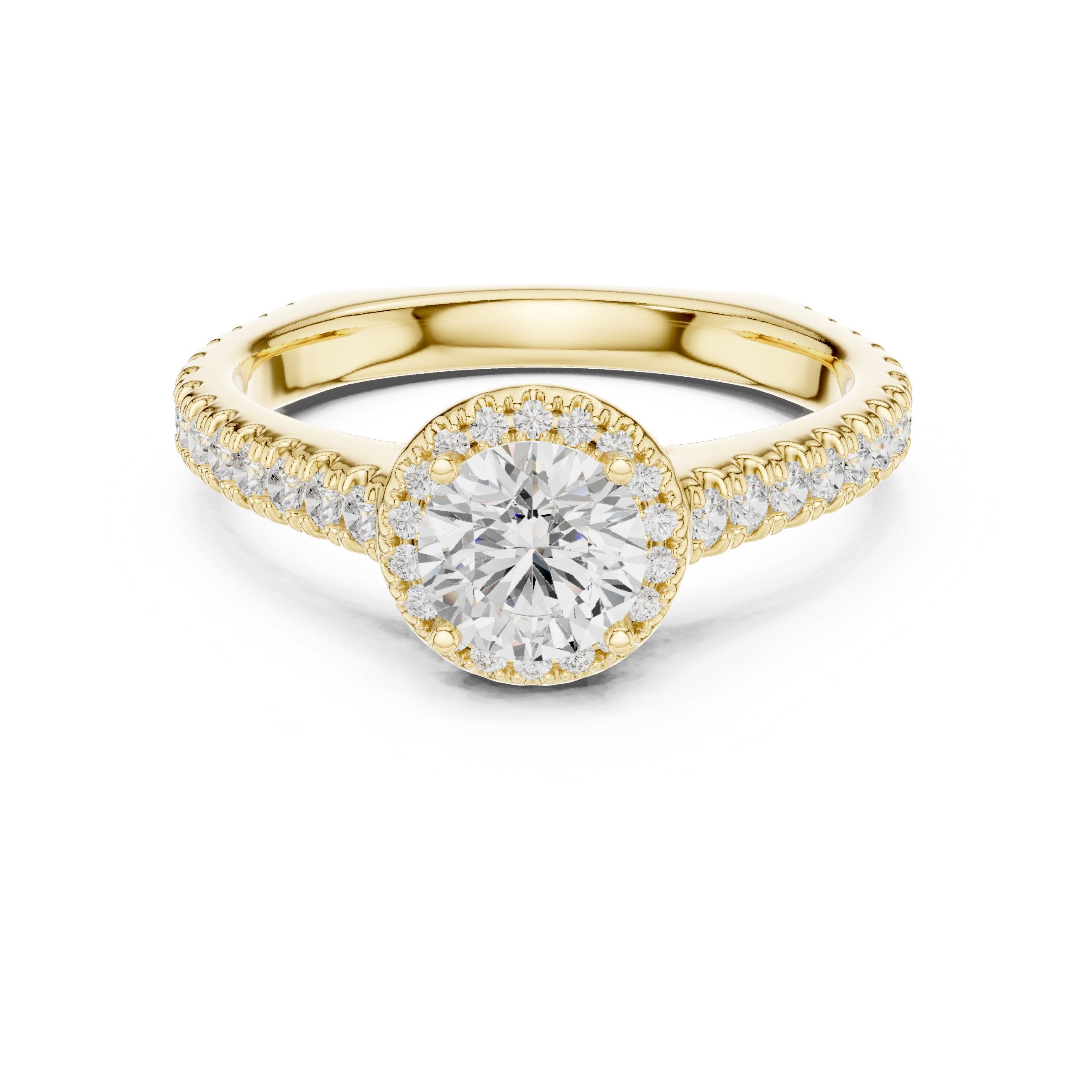 Round Diamond Halo Engagement Ring with Pavé Band in Yellow Gold - VYKA Diamonds