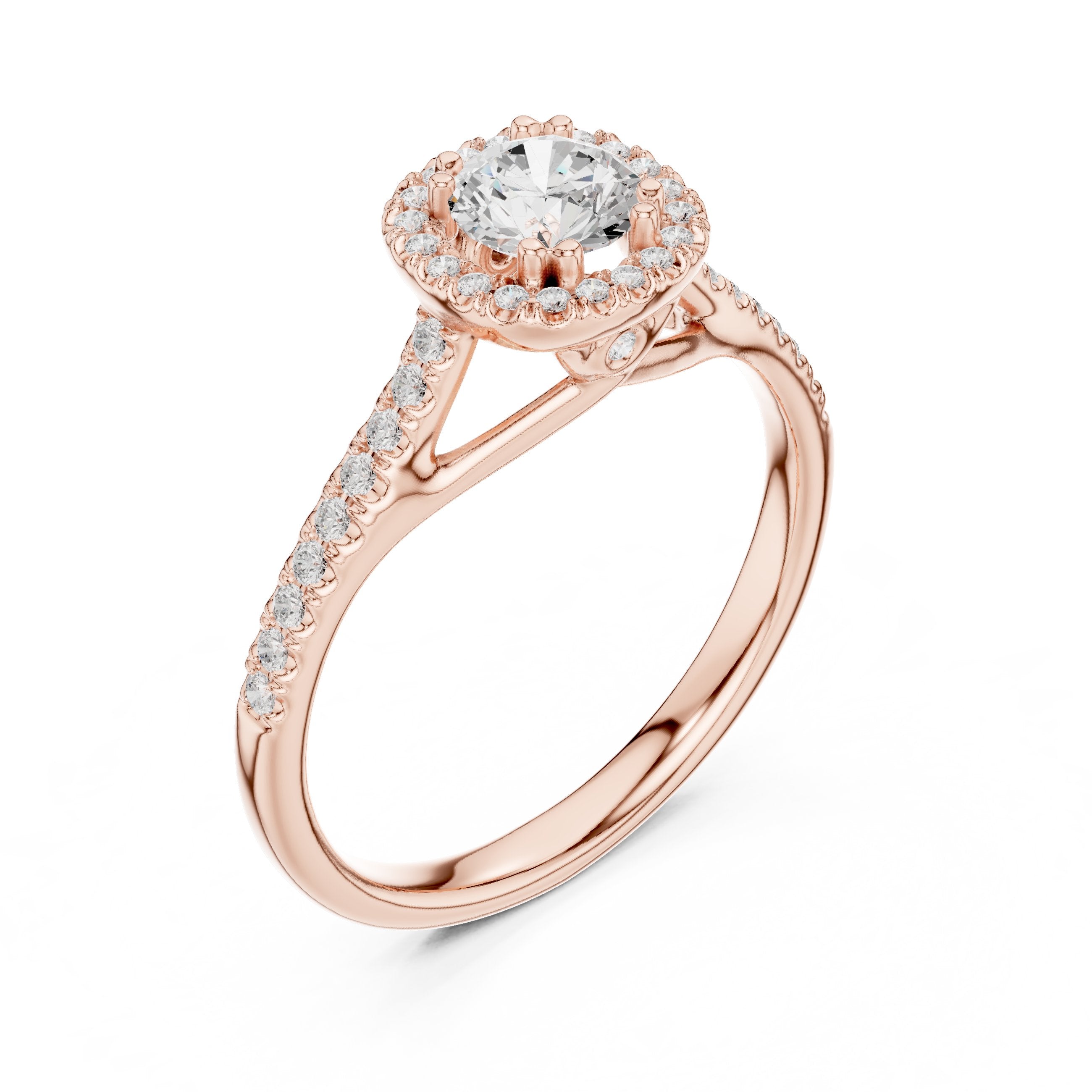 Round Diamond Compact Halo Engagement Ring with Pavé Shoulders in Rose Gold - VYKA Diamonds