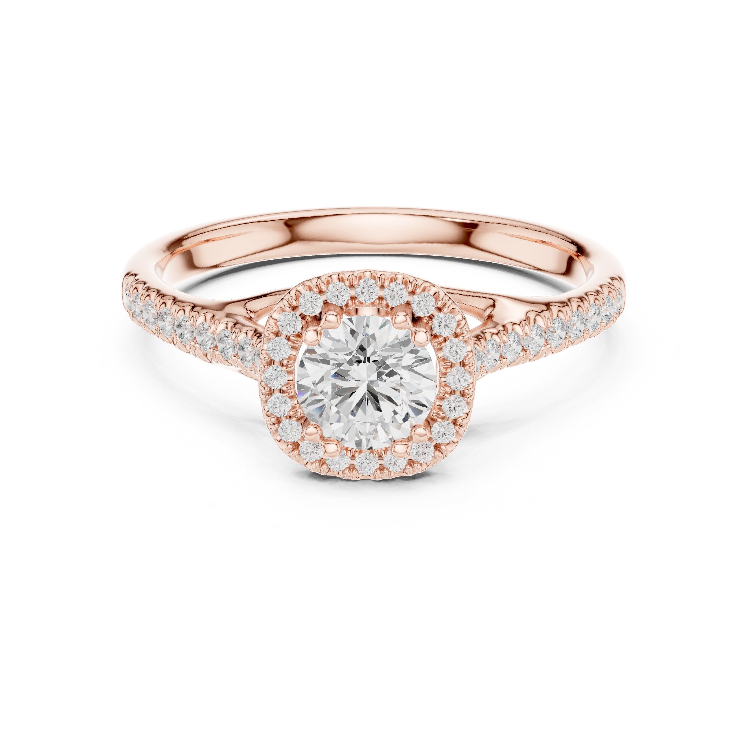 Round Diamond Compact Halo Engagement Ring with Pavé Shoulders in Rose Gold - VYKA Diamonds
