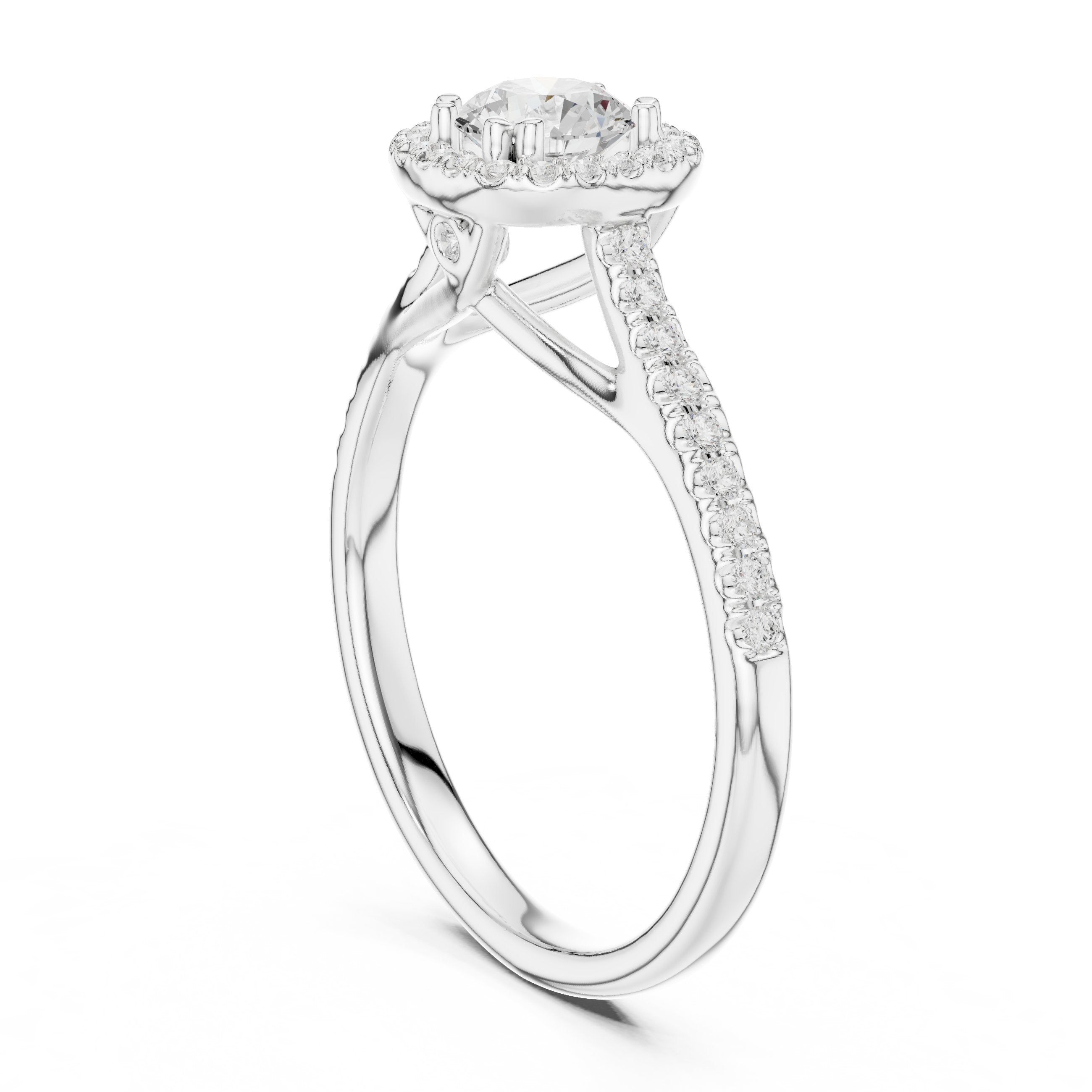 Round Diamond Compact Halo Engagement Ring with Pavé Shoulders in White Gold - VYKA Diamonds