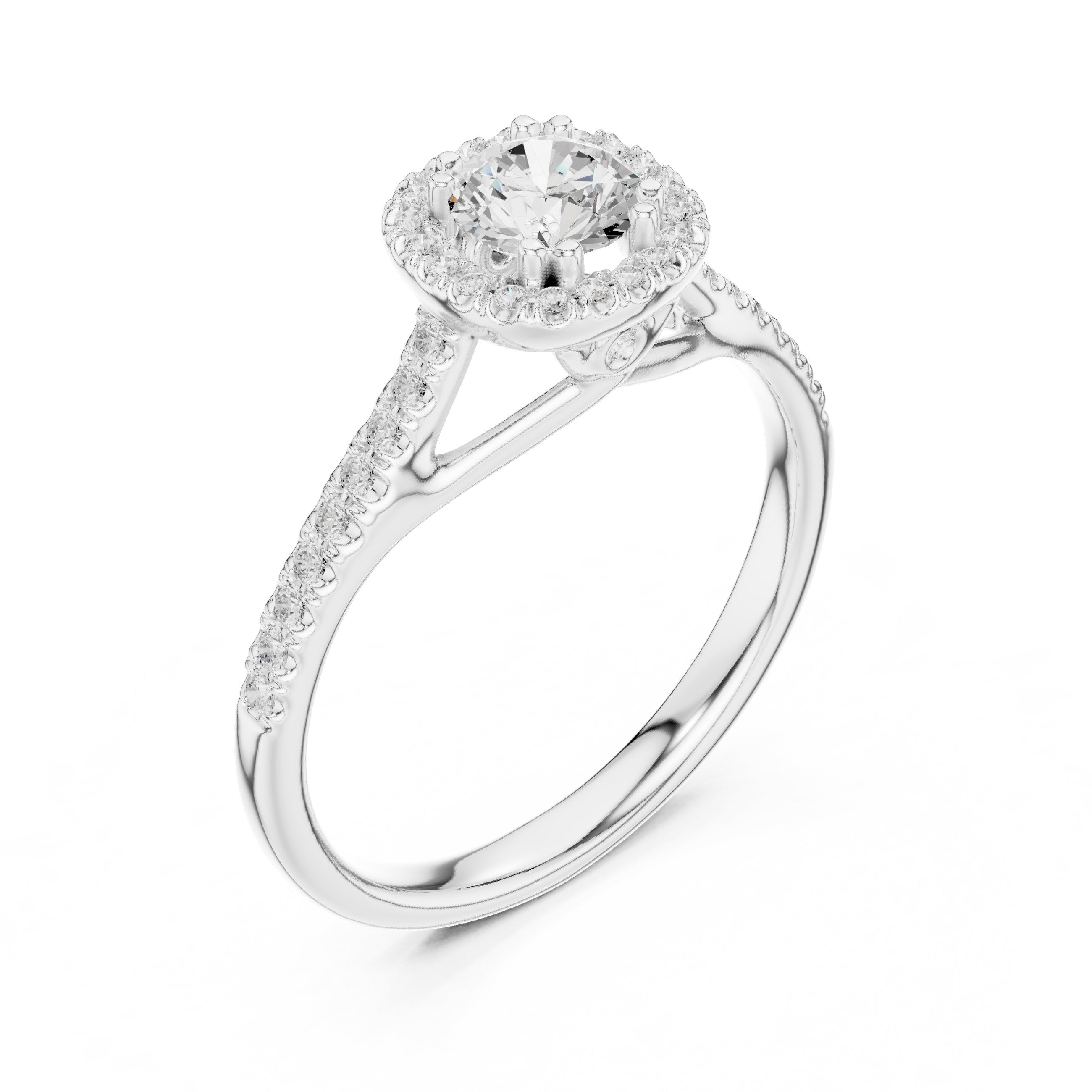 Round Diamond Compact Halo Engagement Ring with Pavé Shoulders in White Gold - VYKA Diamonds