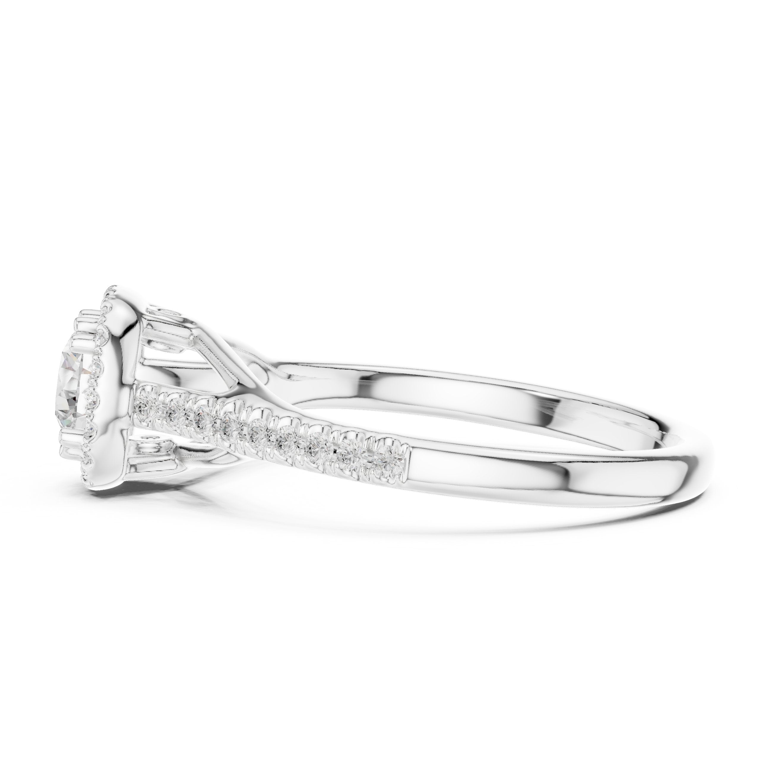 Round Diamond Compact Halo Engagement Ring with Pavé Shoulders in White Gold - VYKA Diamonds