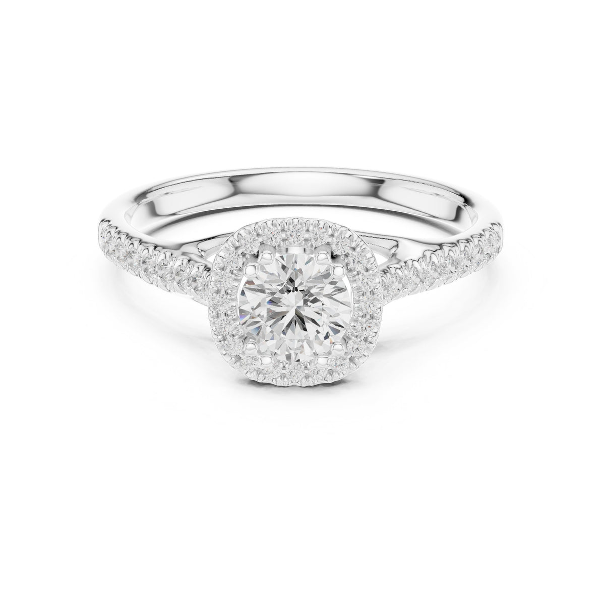 Round Diamond Compact Halo Engagement Ring with Pavé Shoulders