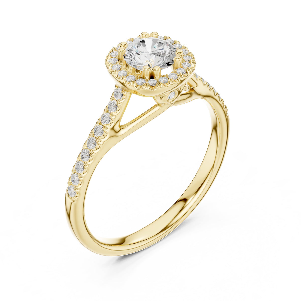Round Diamond Compact Halo Engagement Ring with Pavé Shoulders