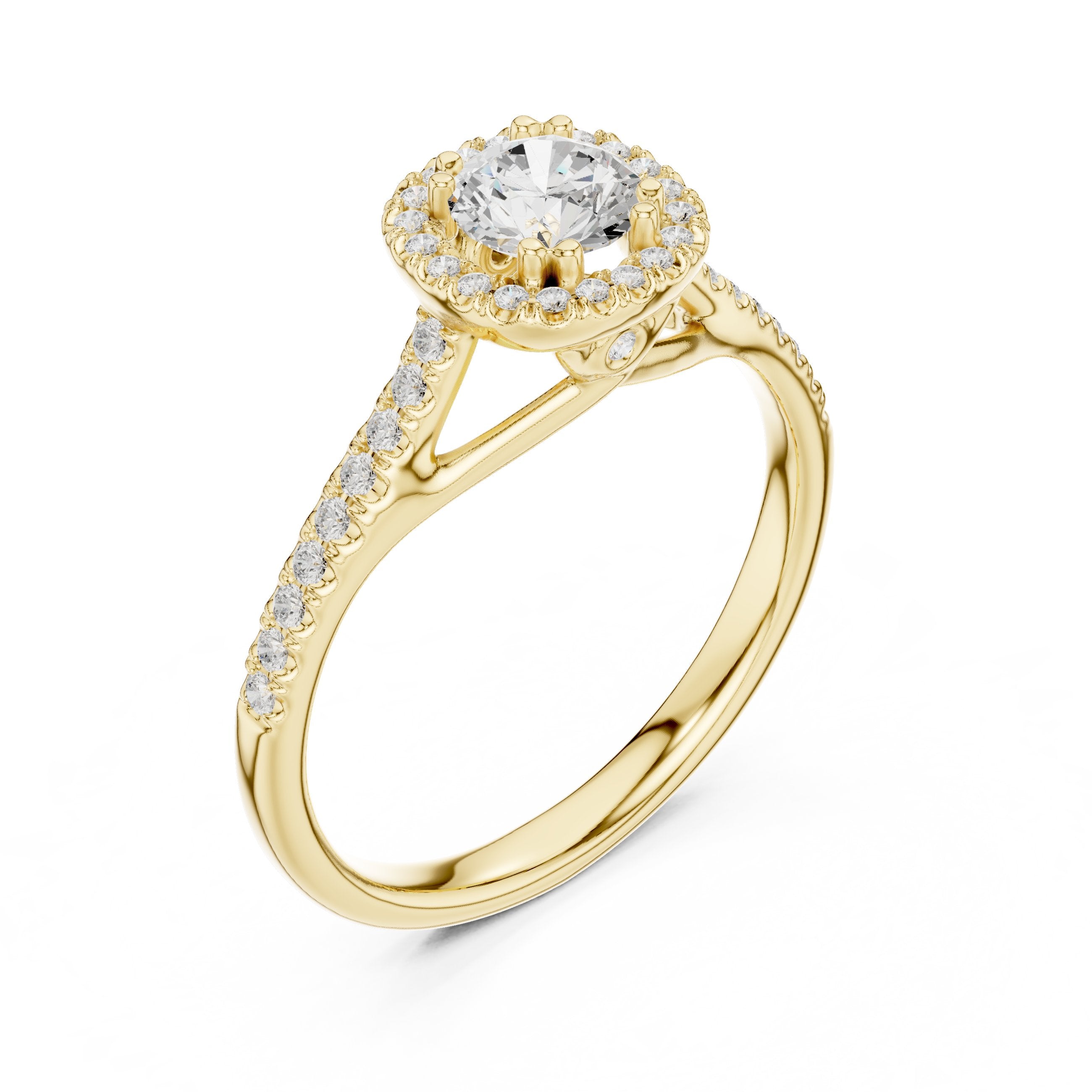 Round Diamond Compact Halo Engagement Ring with Pavé Shoulders in Yellow Gold - VYKA Diamonds