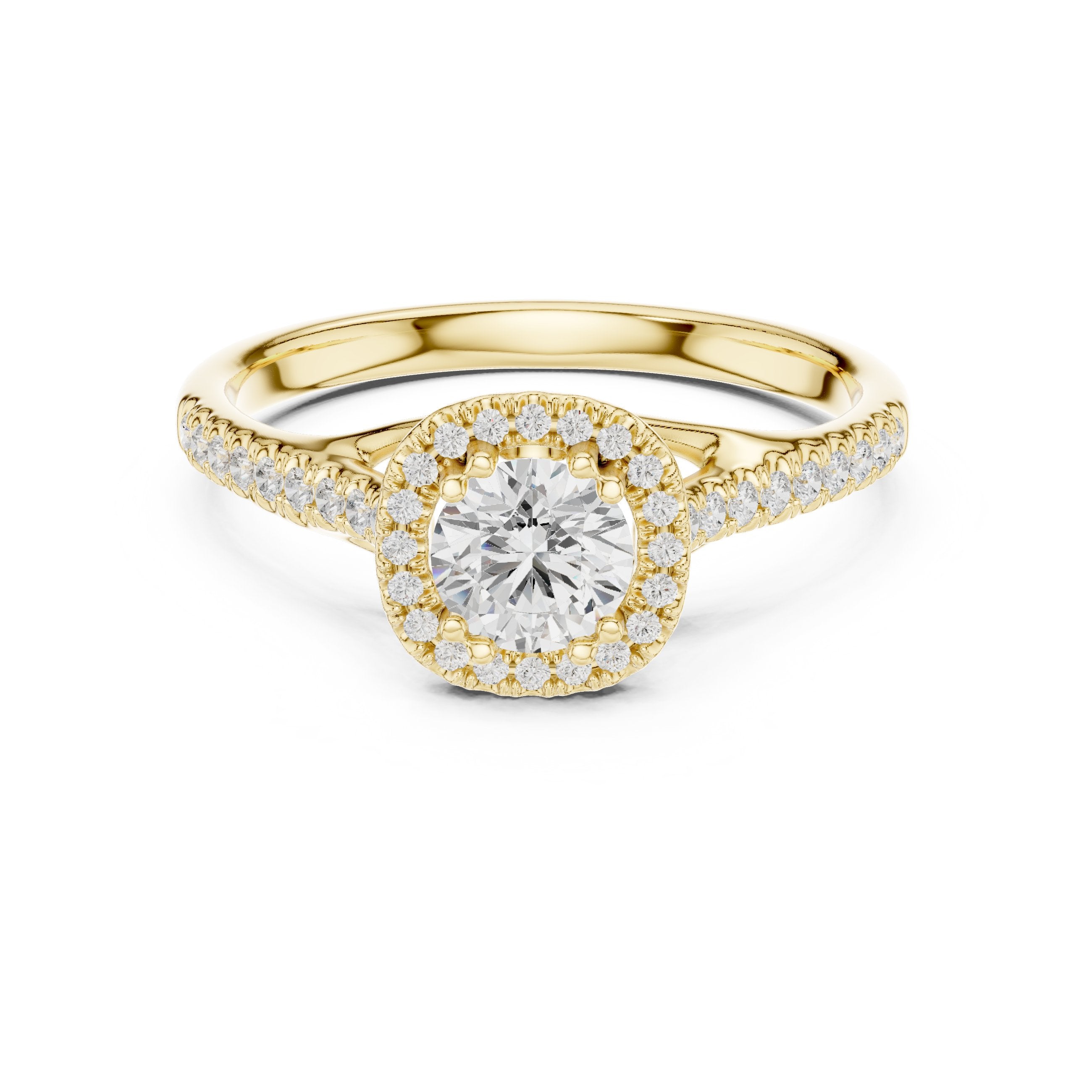 Round Diamond Compact Halo Engagement Ring with Pavé Shoulders in Yellow Gold - VYKA Diamonds