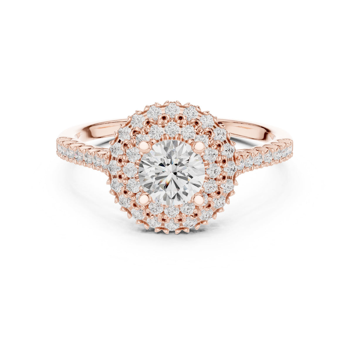 Round Diamond Double Halo Engagement Ring with Pavé Band