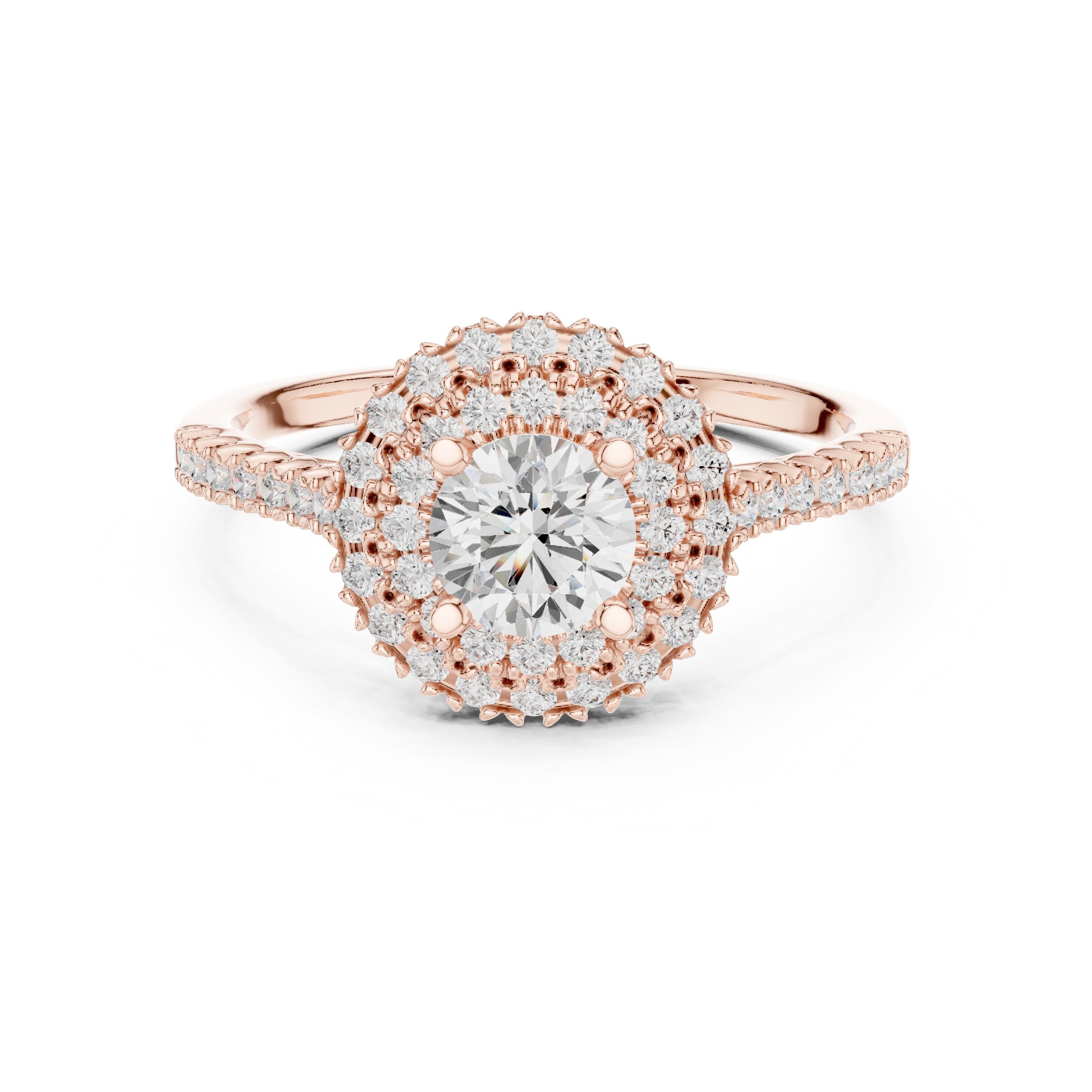 خاتم خطوبة ألماس مستدير بهالة مزدوجة وسوار بافيه in Rose Gold - VYKA Diamonds