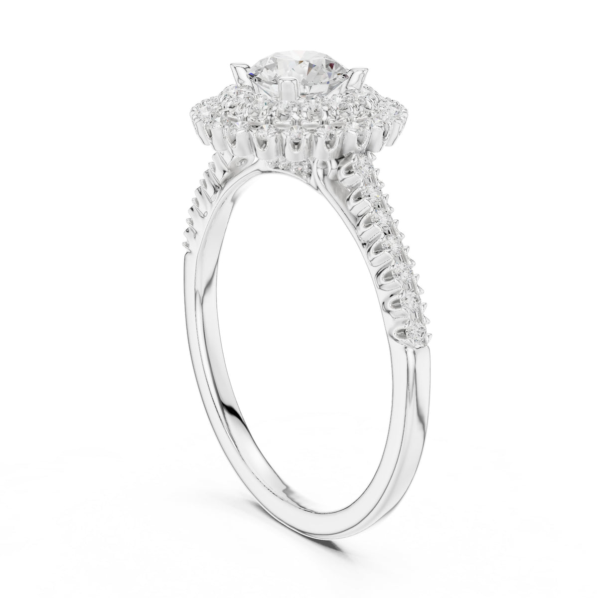 Round Diamond Double Halo Engagement Ring with Pavé Band
