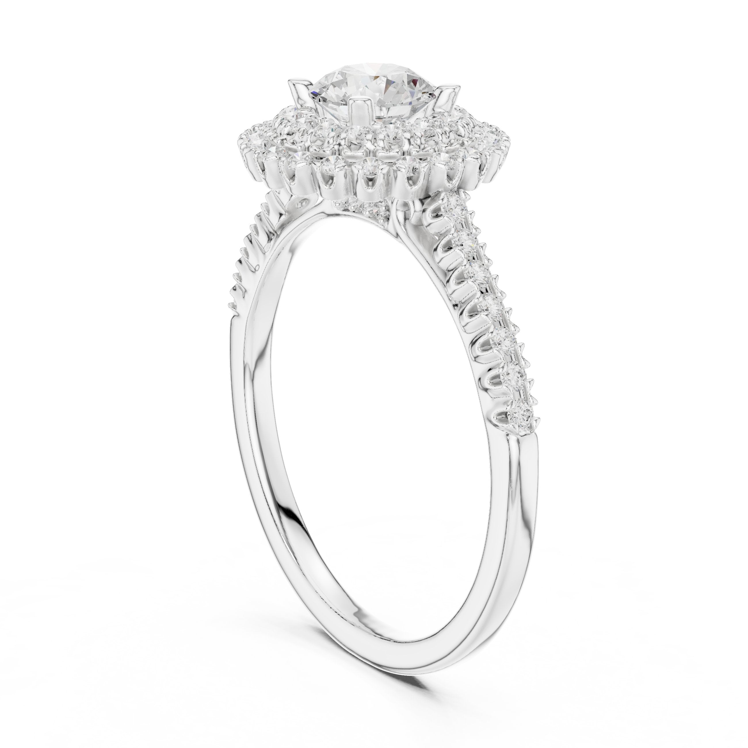 خاتم خطوبة ألماس مستدير بهالة مزدوجة وسوار بافيه in White Gold - VYKA Diamonds