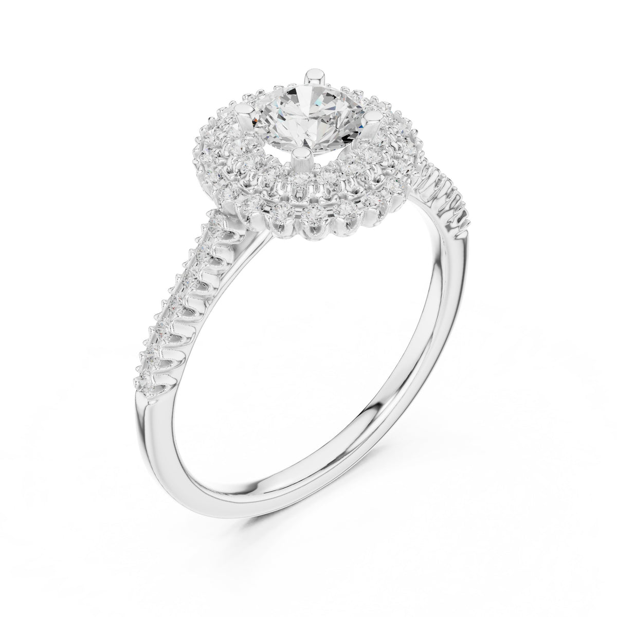 Round Diamond Double Halo Engagement Ring with Pavé Band