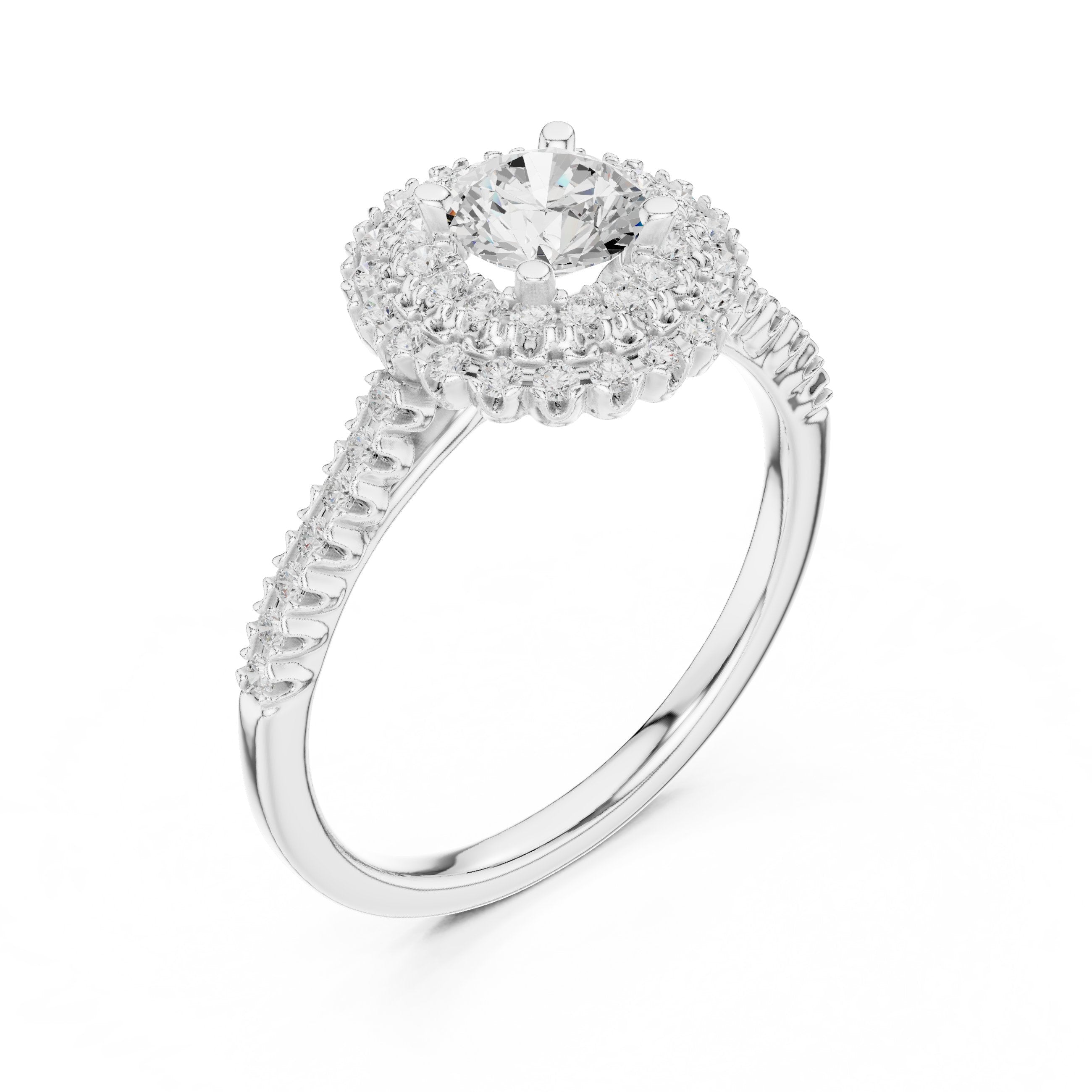 خاتم خطوبة ألماس مستدير بهالة مزدوجة وسوار بافيه in White Gold - VYKA Diamonds